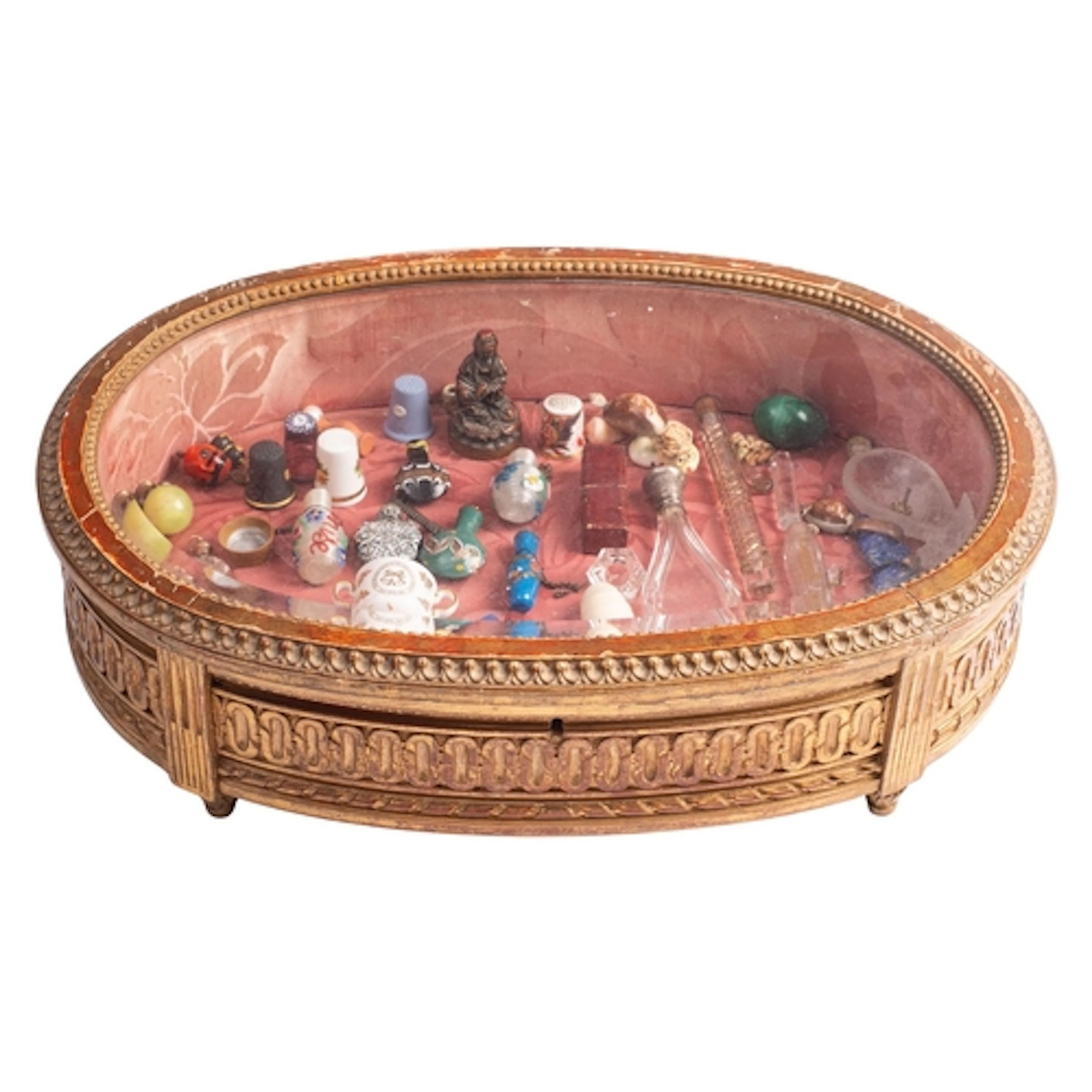 A carved giltwood and glazed table-top bijouterie case and c...