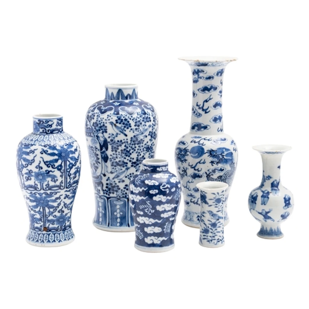 Six Chinese porcelain vases each painted in blue variously w...