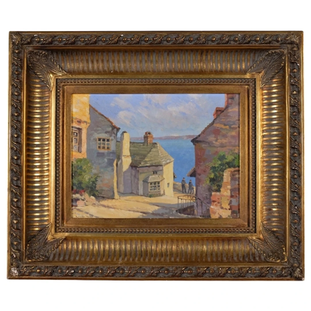 Richard Tearoe, harbour buildings, oil on board, 30cm x 40cm...