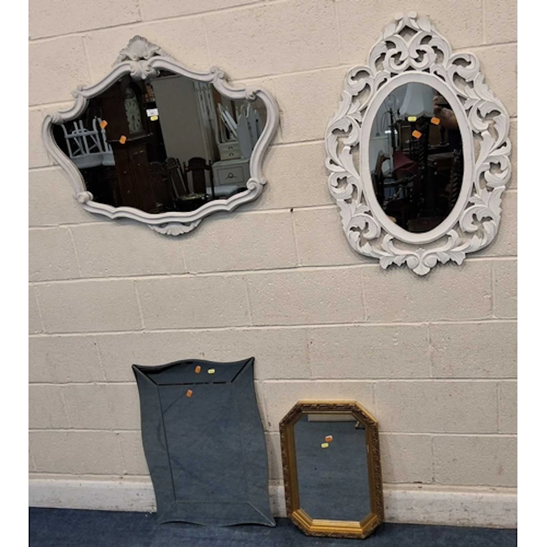 FOUR WALL MIRRORS, varying in shape, size, style, material, ...