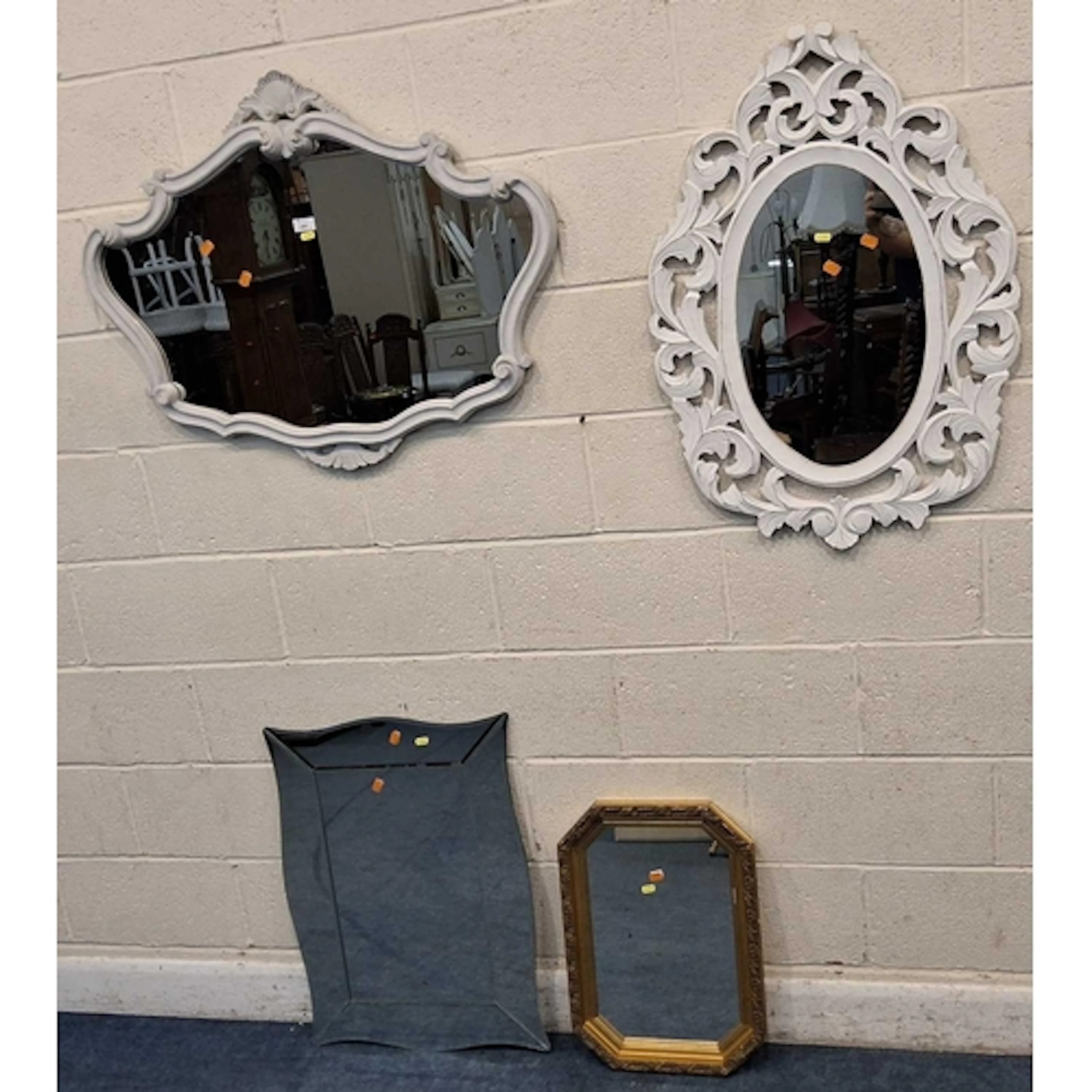 FOUR WALL MIRRORS, varying in shape, size, style, material, ...