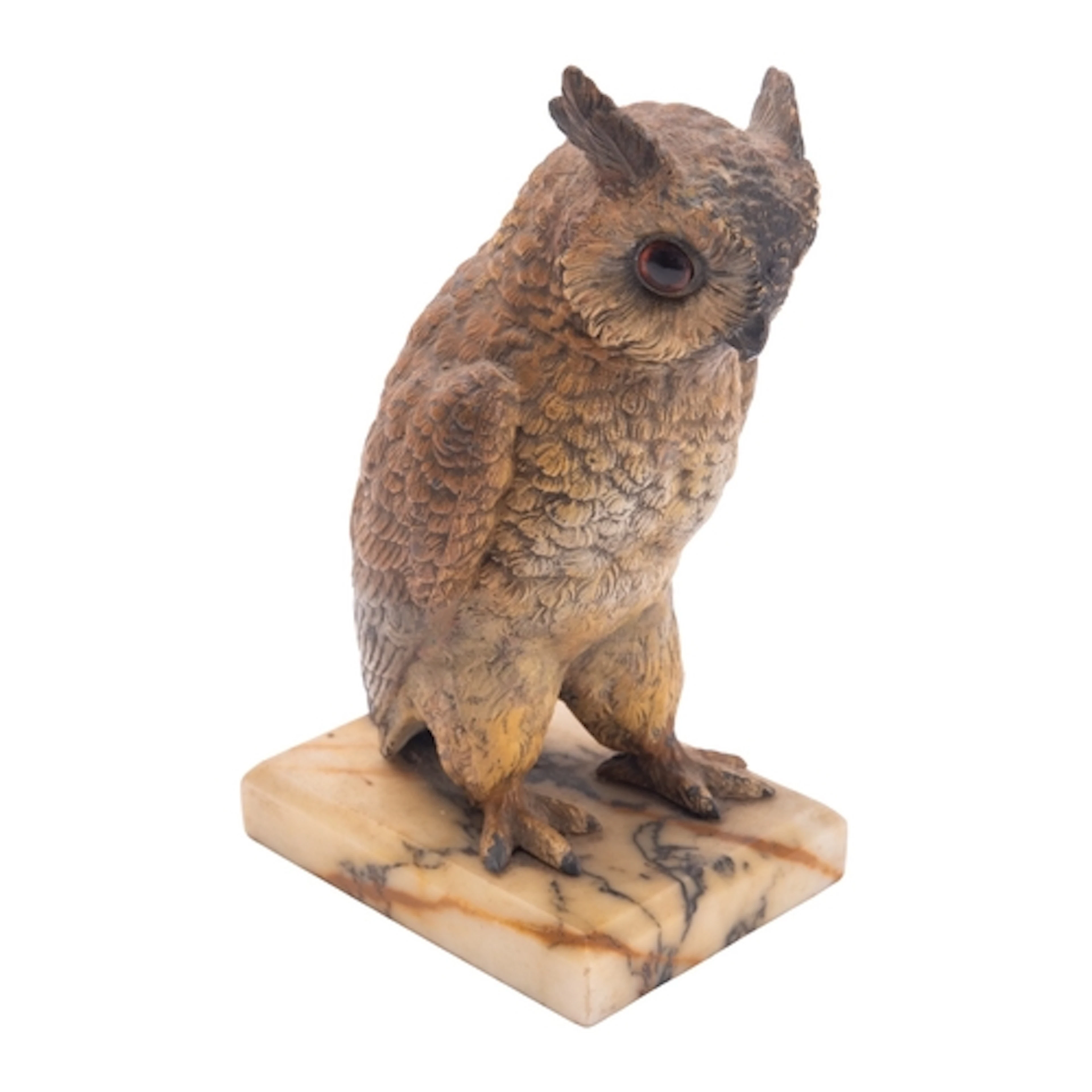 A Continental cold painted spelter model of a long-eared owl...