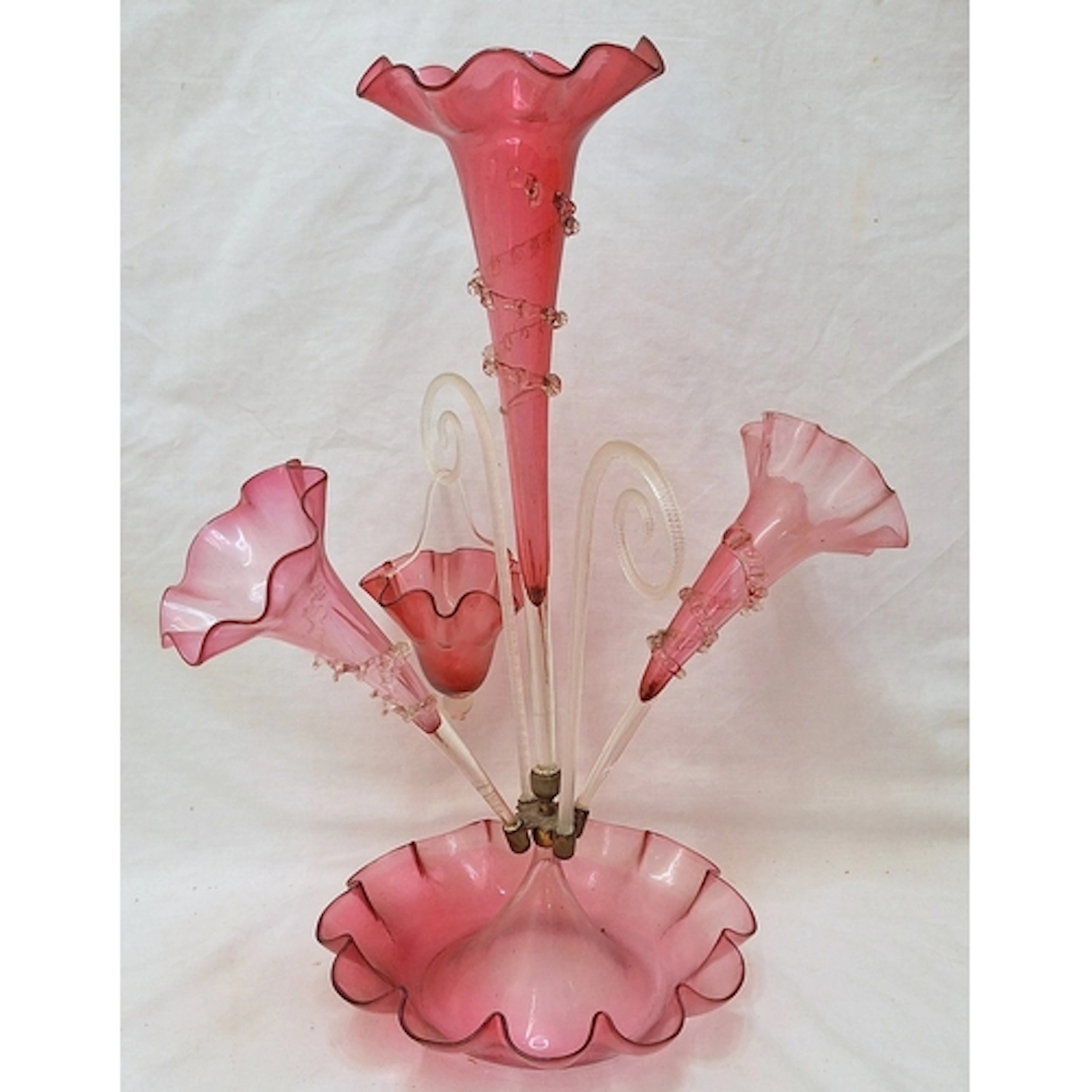 Cranberry Epergne, central trumpet with scrolling clear glas...