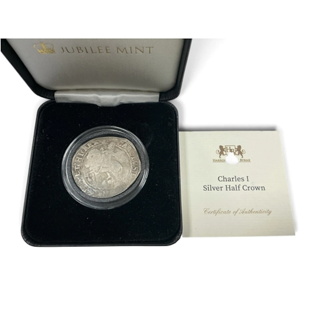 1625 - 1649 Charles I Silver Half Crown, cased with a certif...