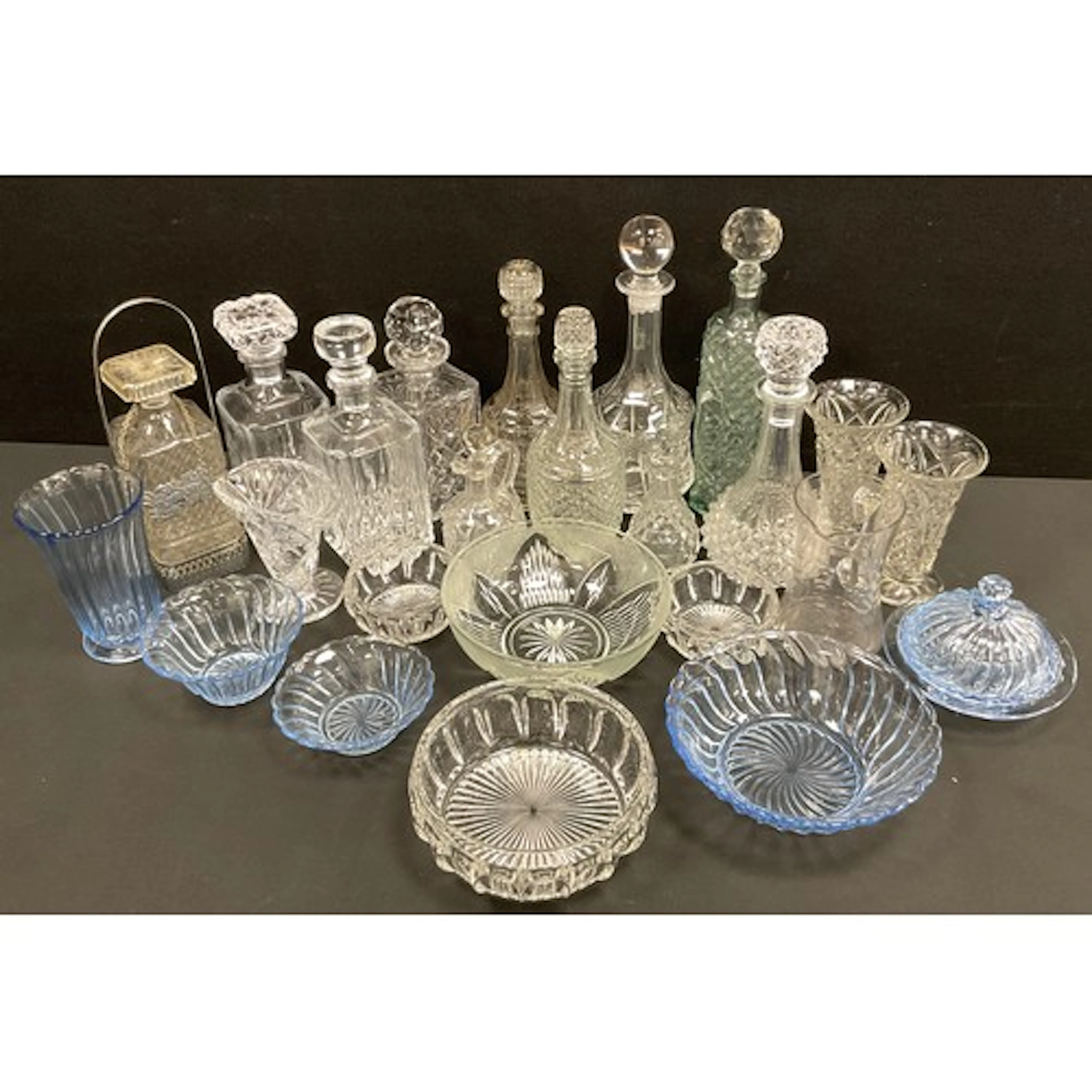 Glassware - a pressed hobnail glass decanter in a pierced ha...