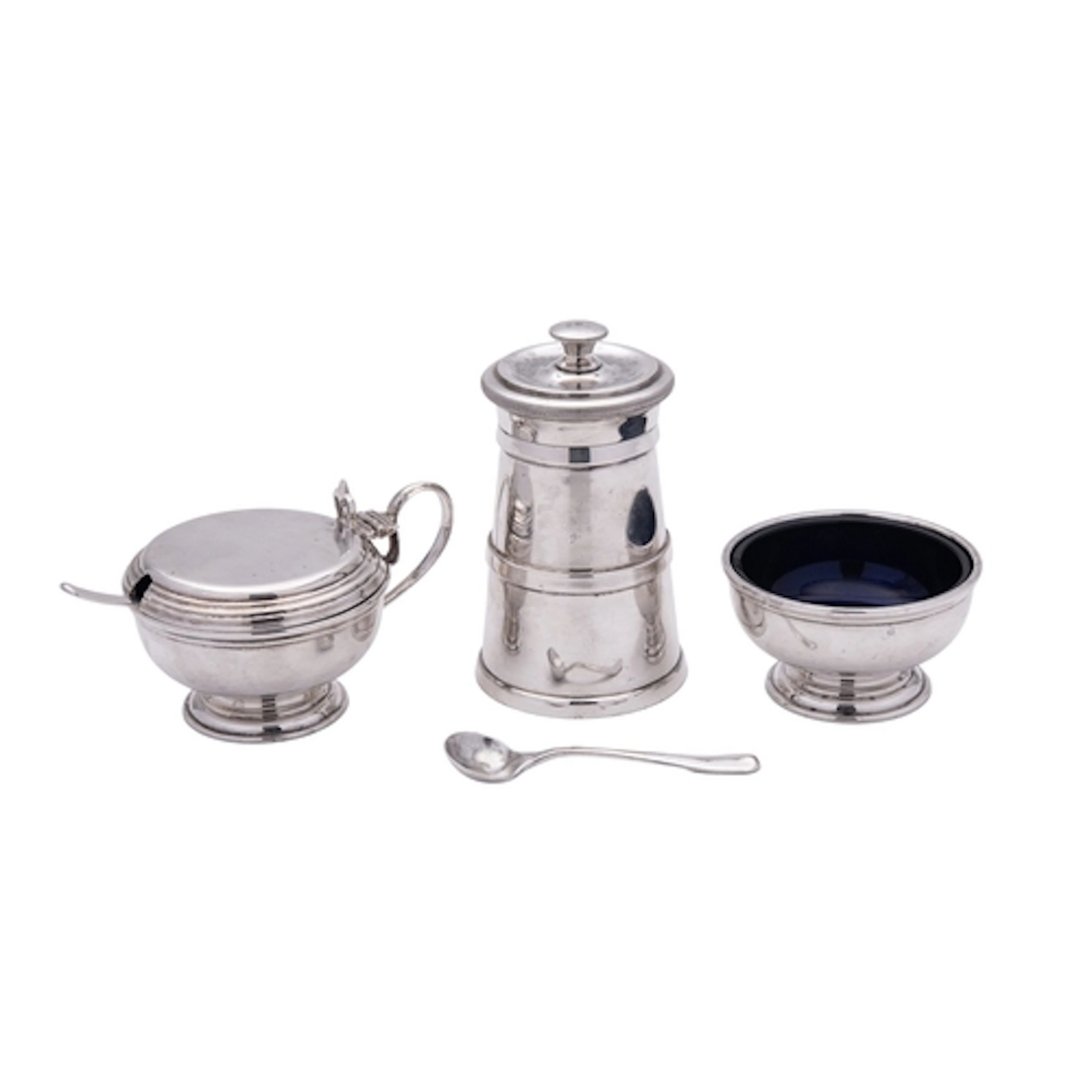 An Elizabeth II three-piece silver condiment set, circular f...
