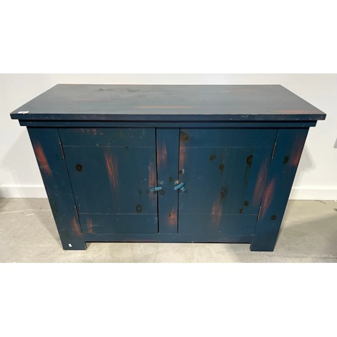 Blue painted pine two door unit, 82cm x 127cm.