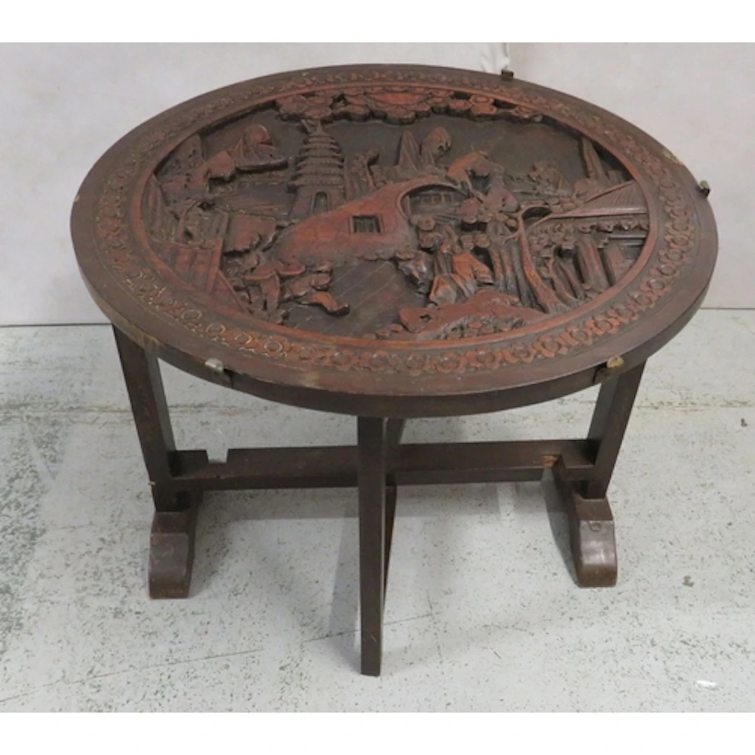 Chinese Carved Wooden Tilt Top Table, carved with figures & ...