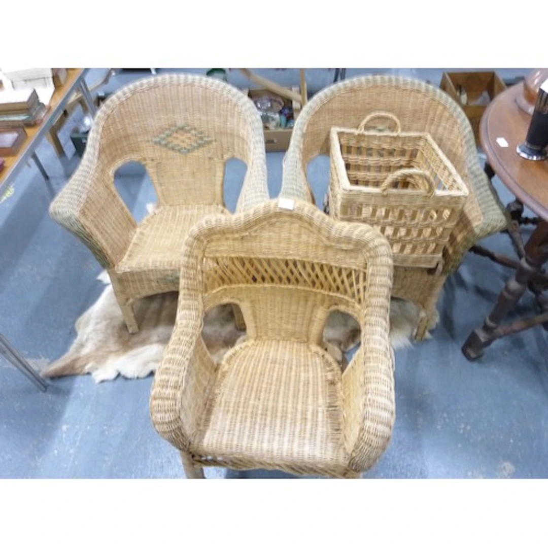 Three wicker tub garden chairs and cane log basket.
