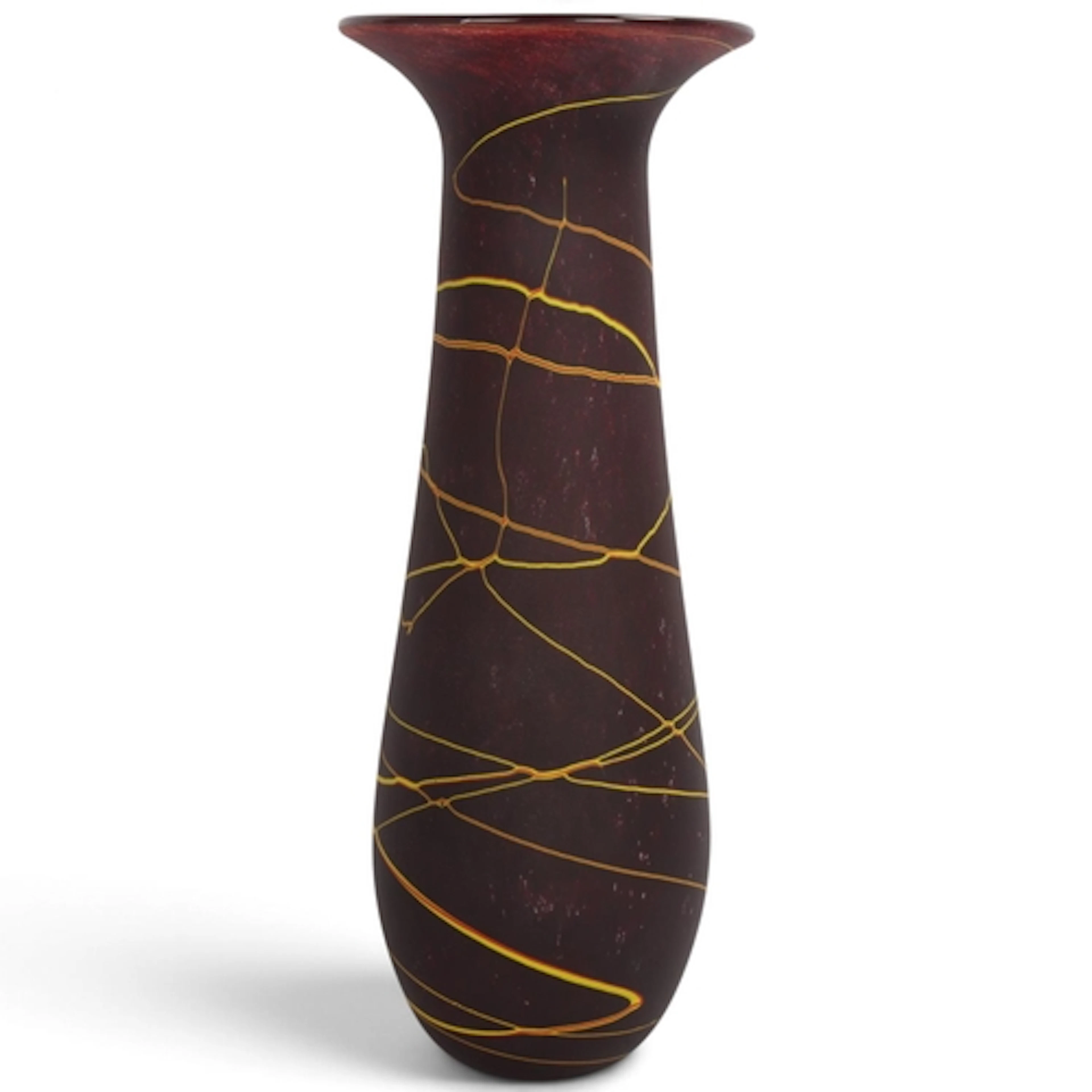 WILL SHAKSPEARE glass works, a tall mottled burgundy glass v...