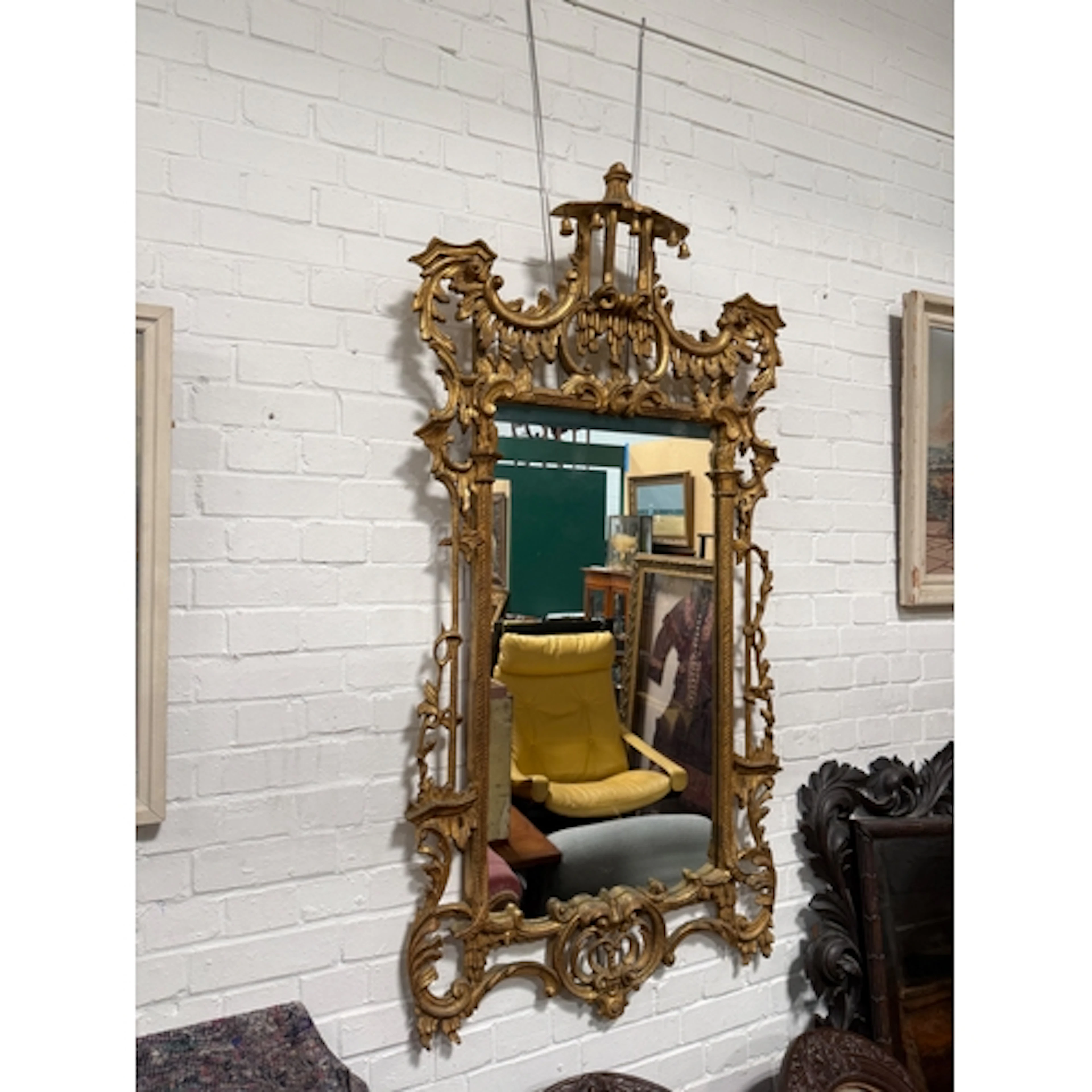 A CHINESE CHIPPENDALE STYLE CARVED GILTWOOD MIRROR 160 H x 8...