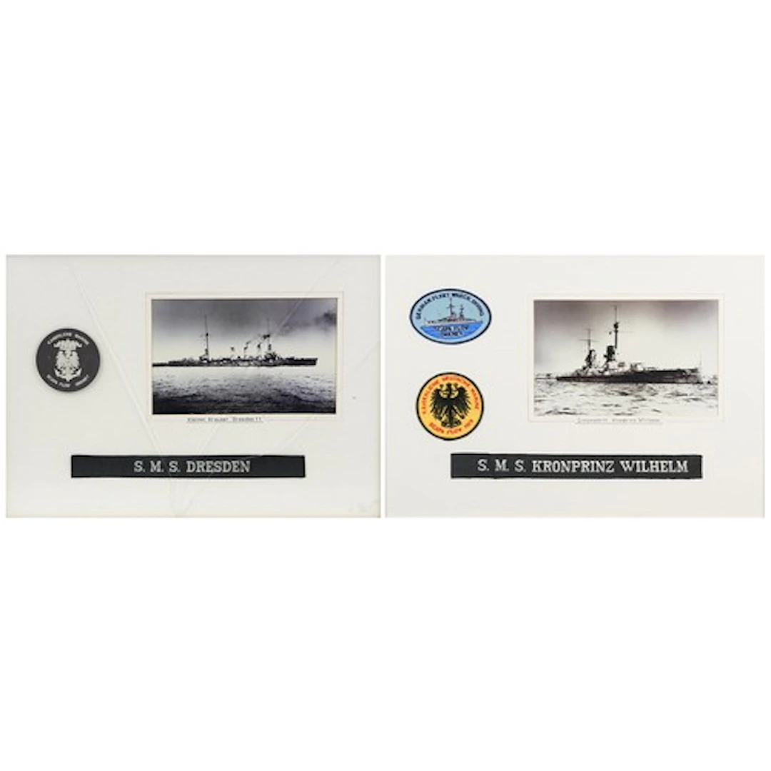 Two German photographic displays with badges and cap tallies...