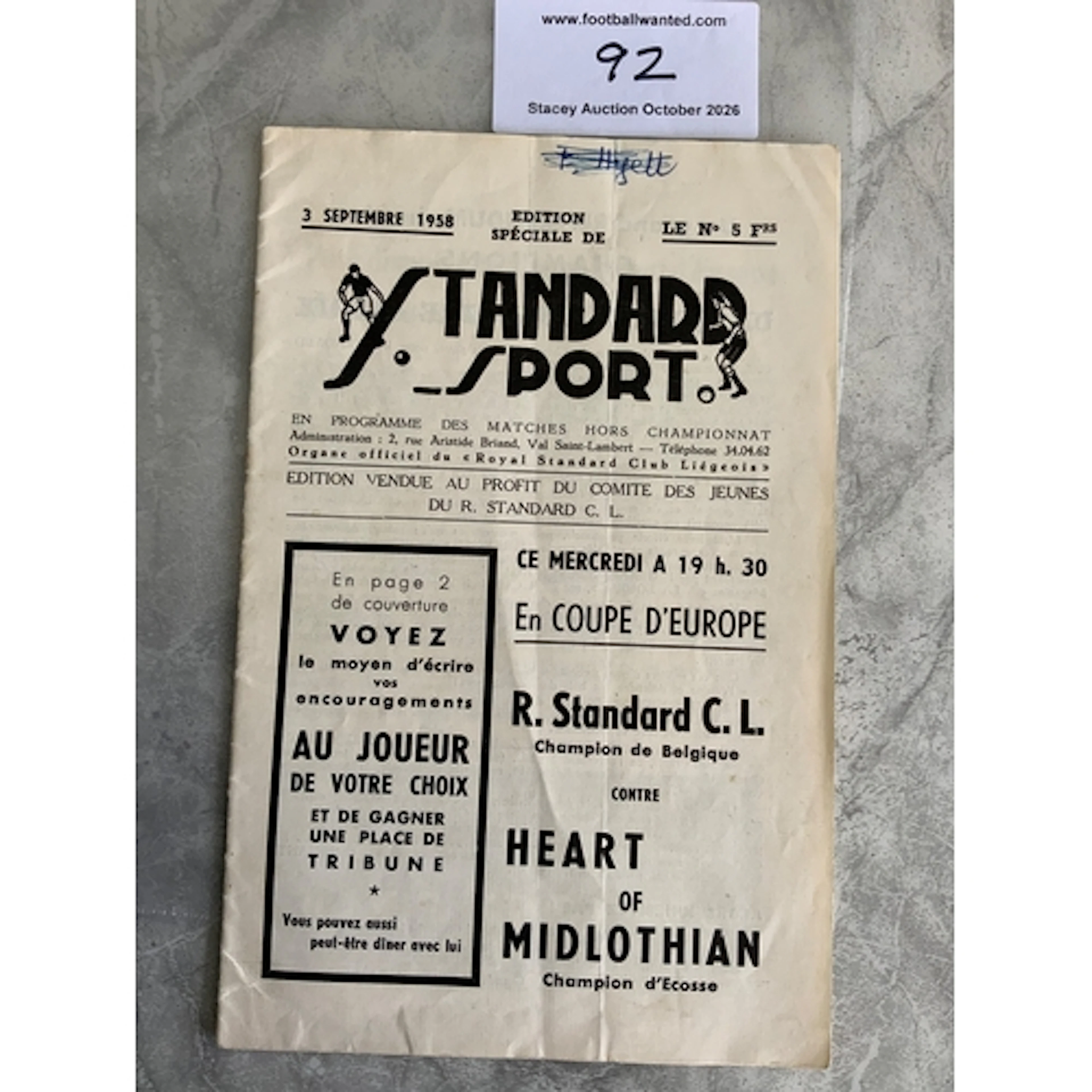 58/59 Standard Liege v Hearts European Cup Football Programm...