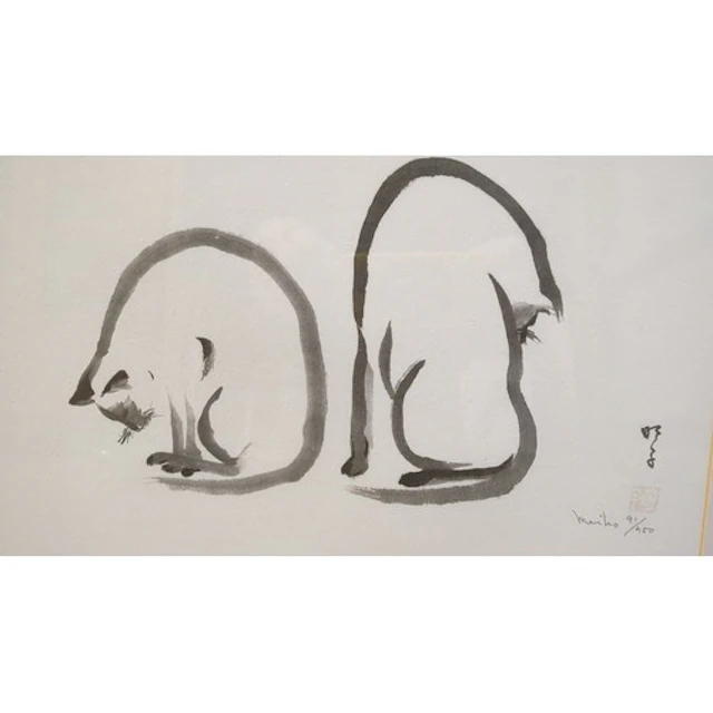 Monochrome print depicting two cats in expressive brushwork,...