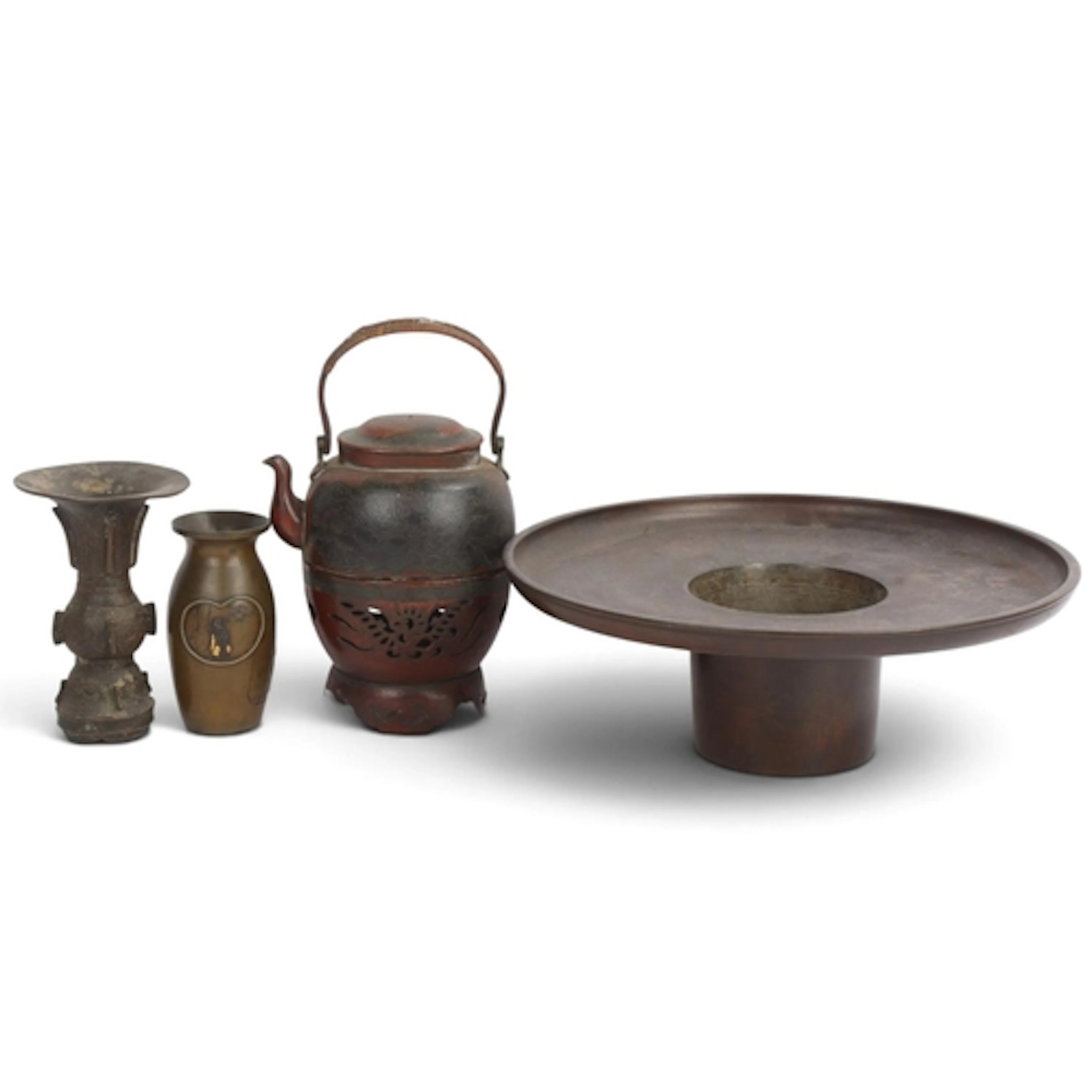 A Japanese bronze bowl, Meiji Period, diameter 34cm, togethe...
