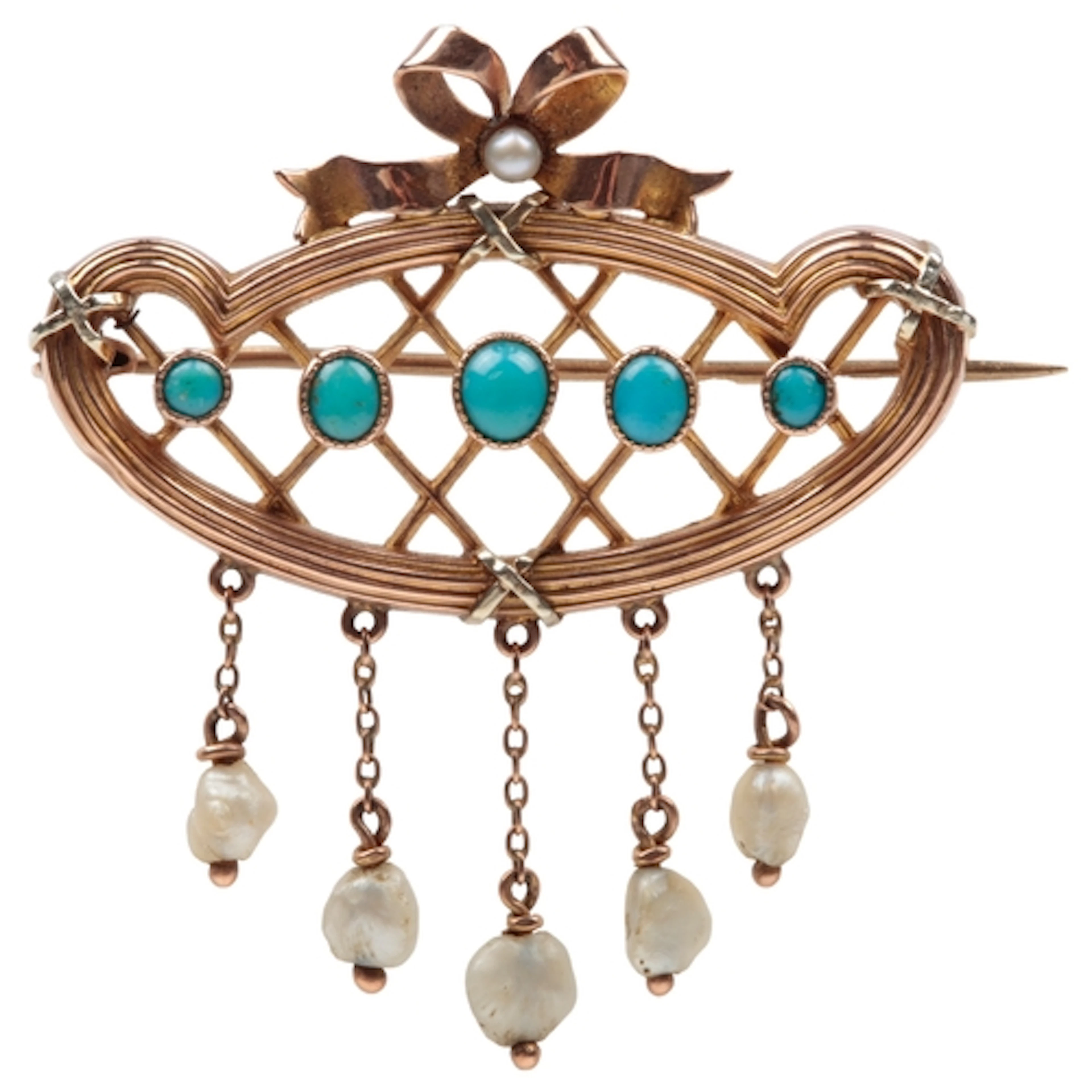 A turquoise and pearl brooch, circa 1900, centring on a line...