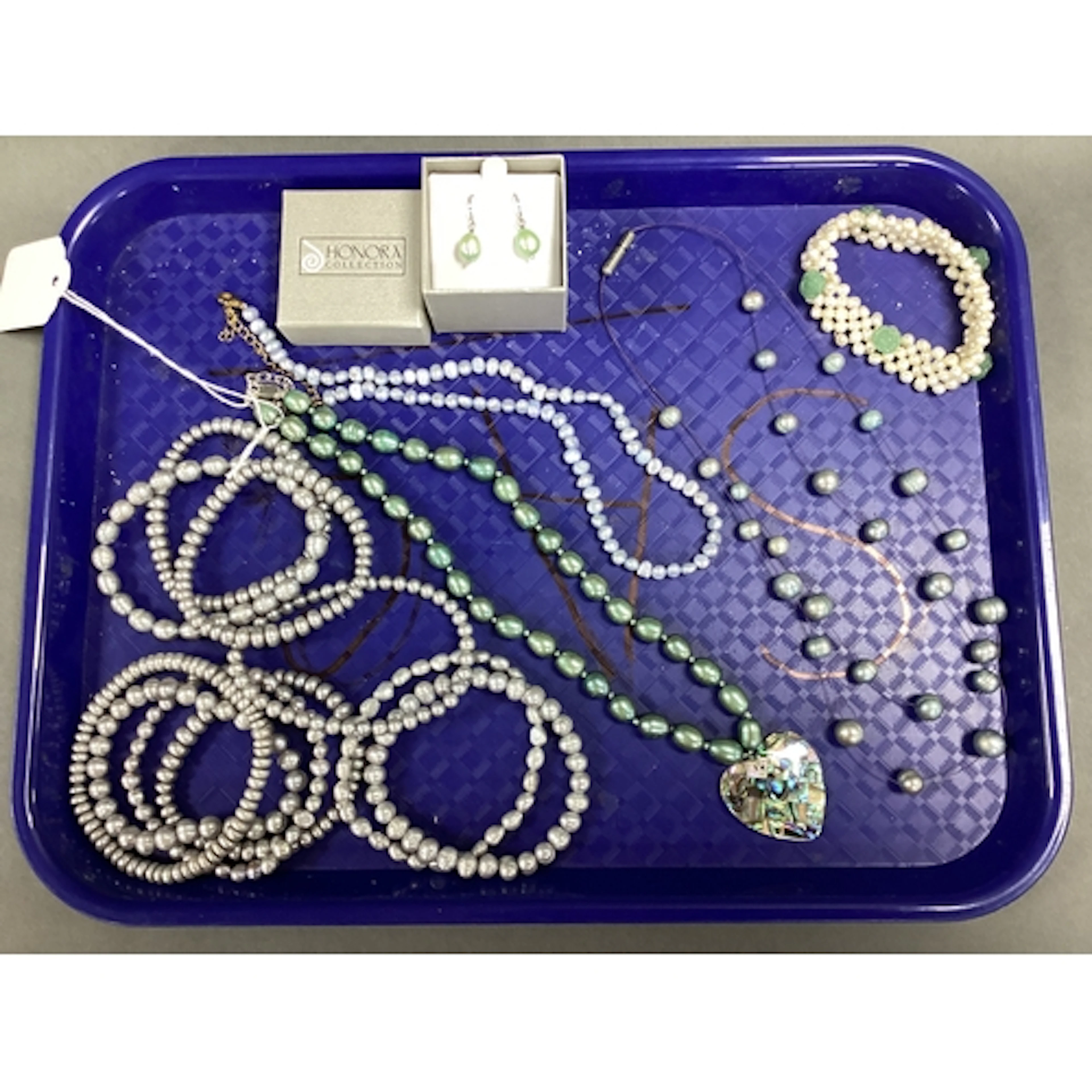 Modern Freshwater Pearl Necklace, green hue suspending heart...
