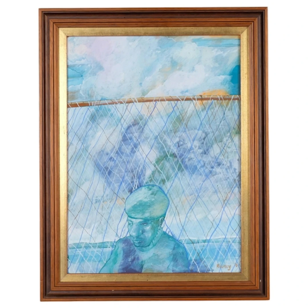 Mick Rooney (1944-2026), fishermen and nets, 1976, gouache o...