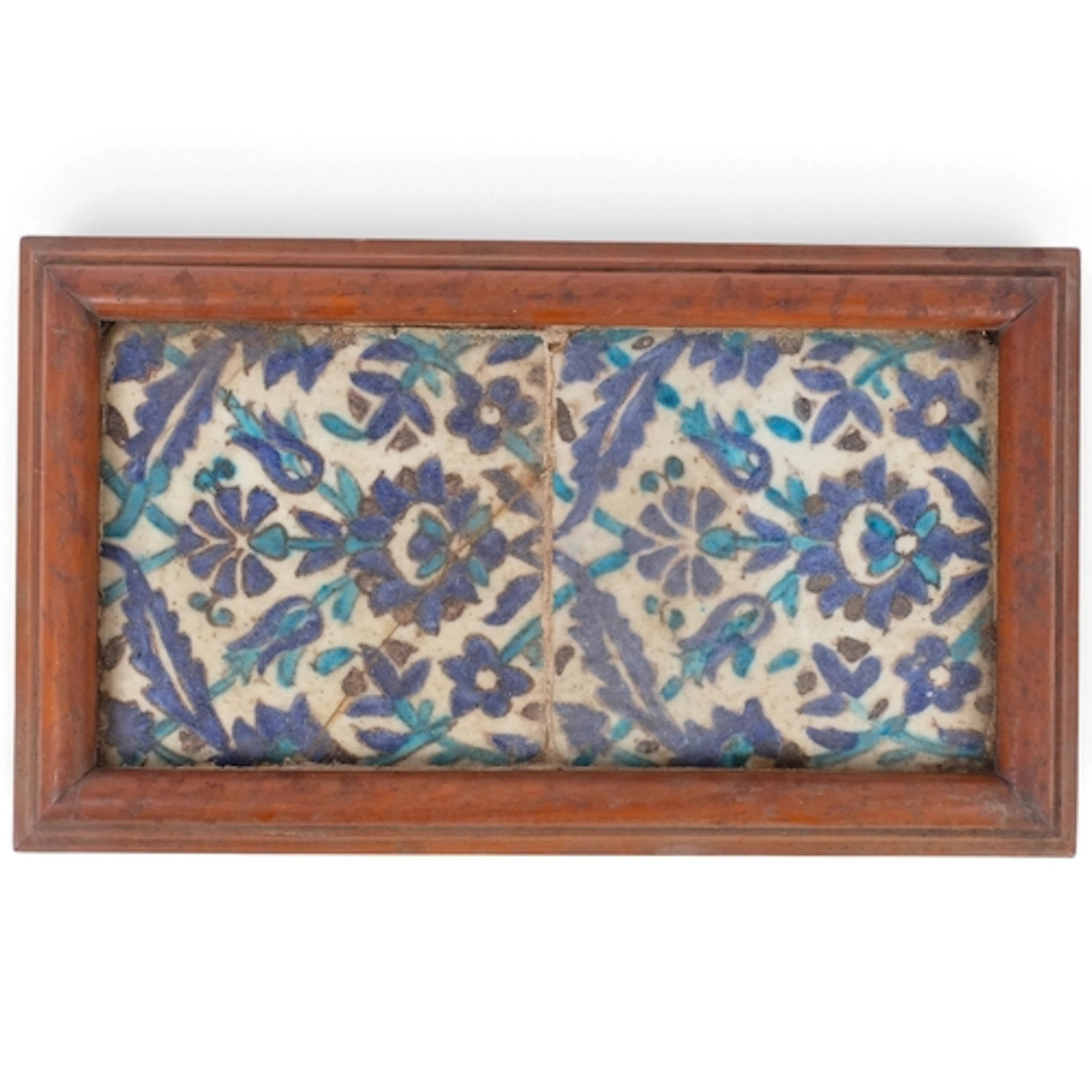 A pair of Antique Iznik hand-painted ceramic tiles, mounted ...