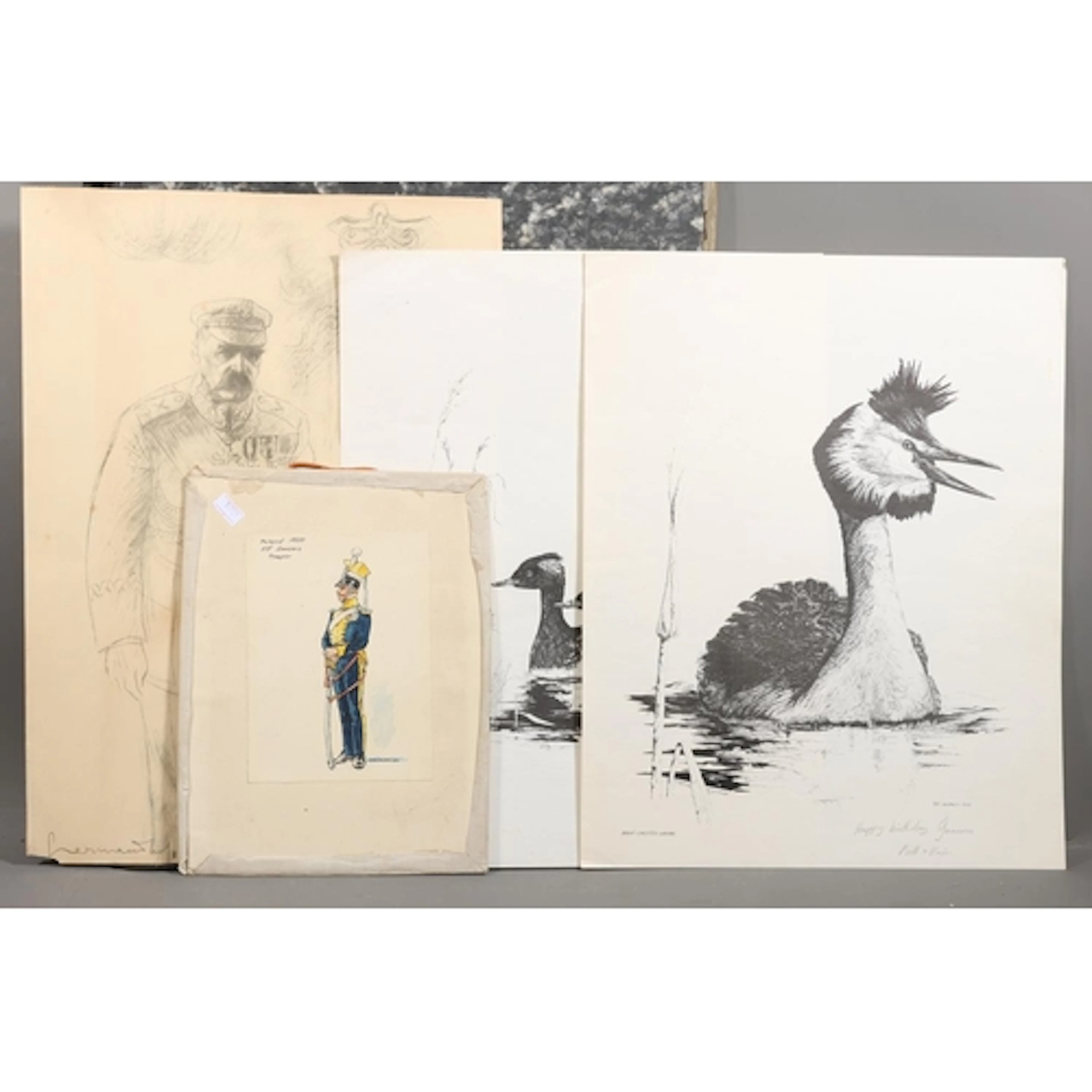 Folio of unframed works to include a caricature watercolour ...