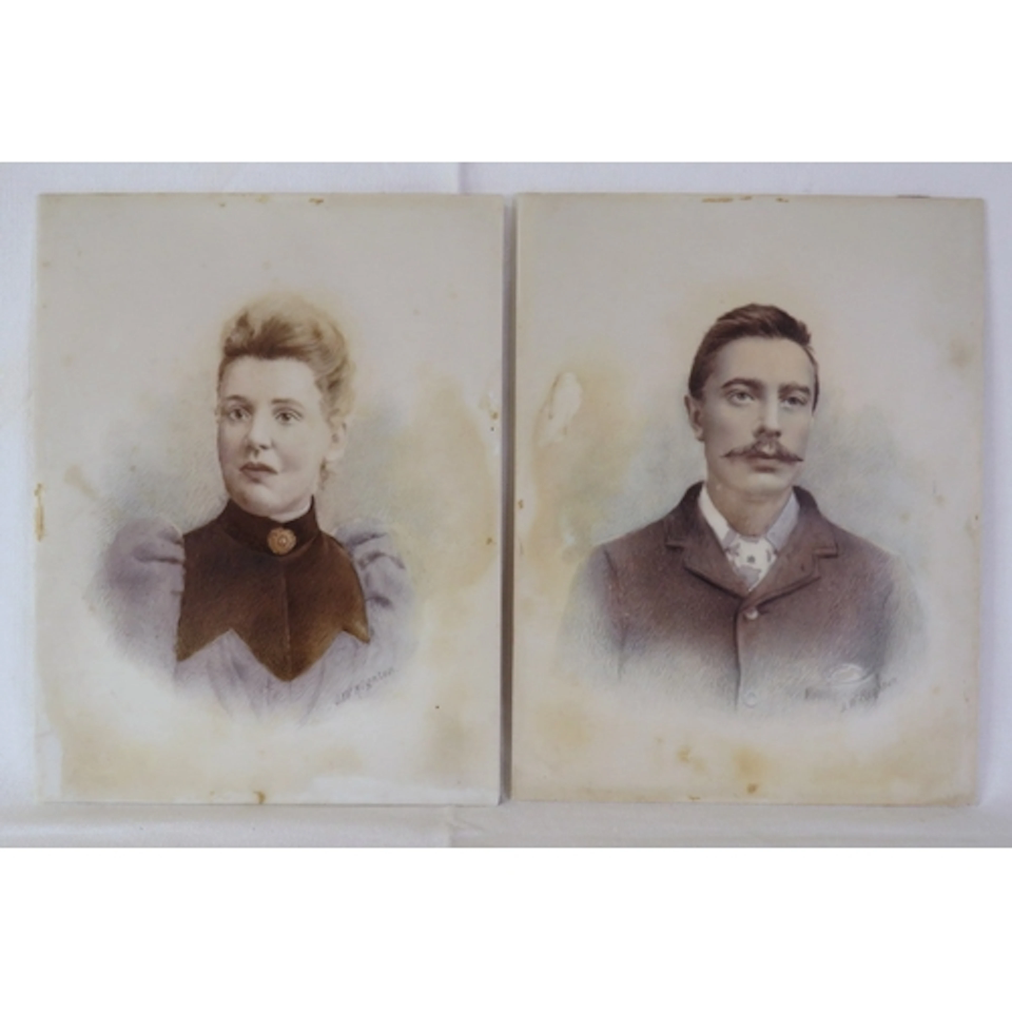 Pair Photographic Prints Enhanced with Paint Porcelain Plaqu...