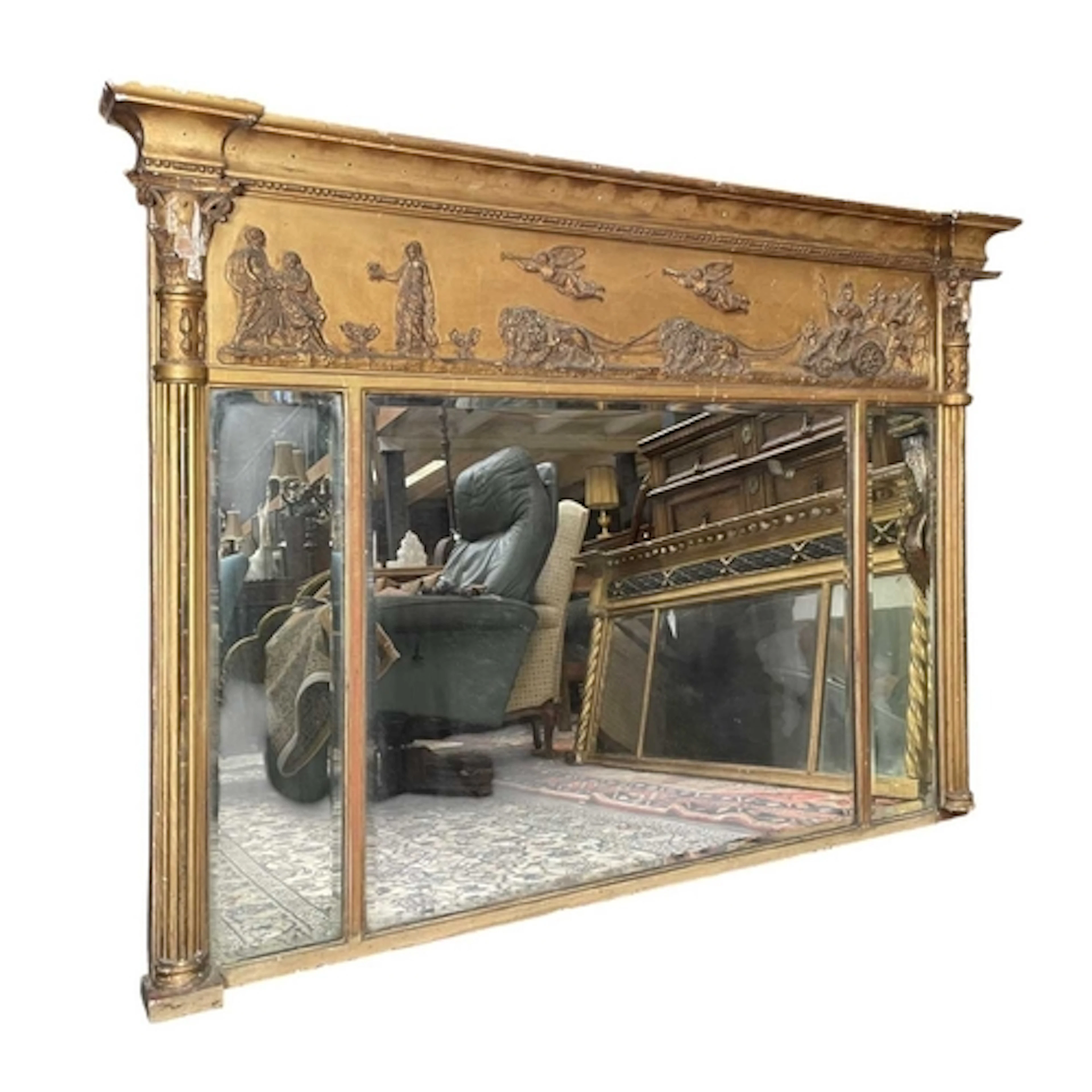 A Regency 19th century gilt wood and gesso triptych overmant...
