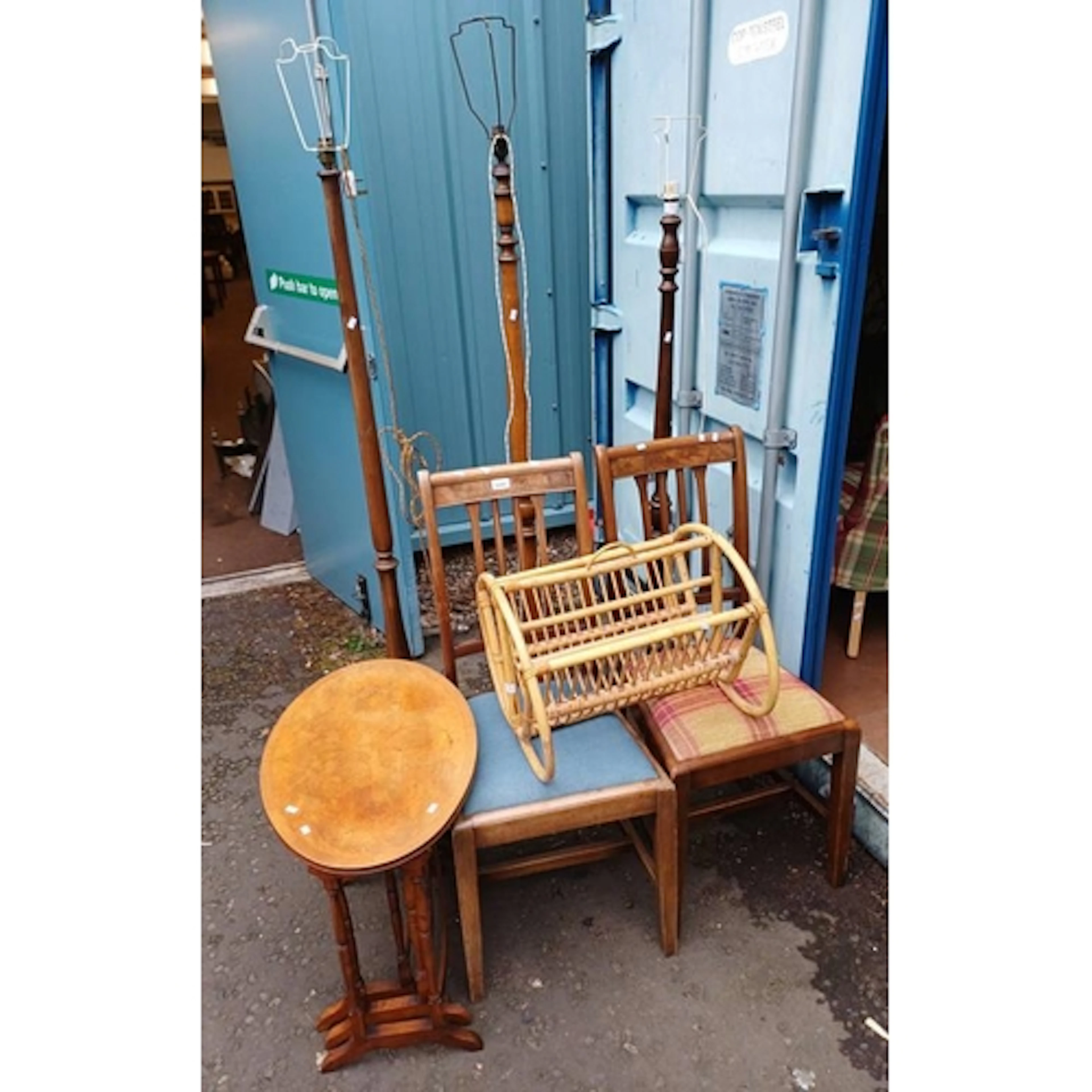 NEST OF 3 OVAL TOPPED WALNUT TABLES, 3 STANDARD LAMPS, ETC