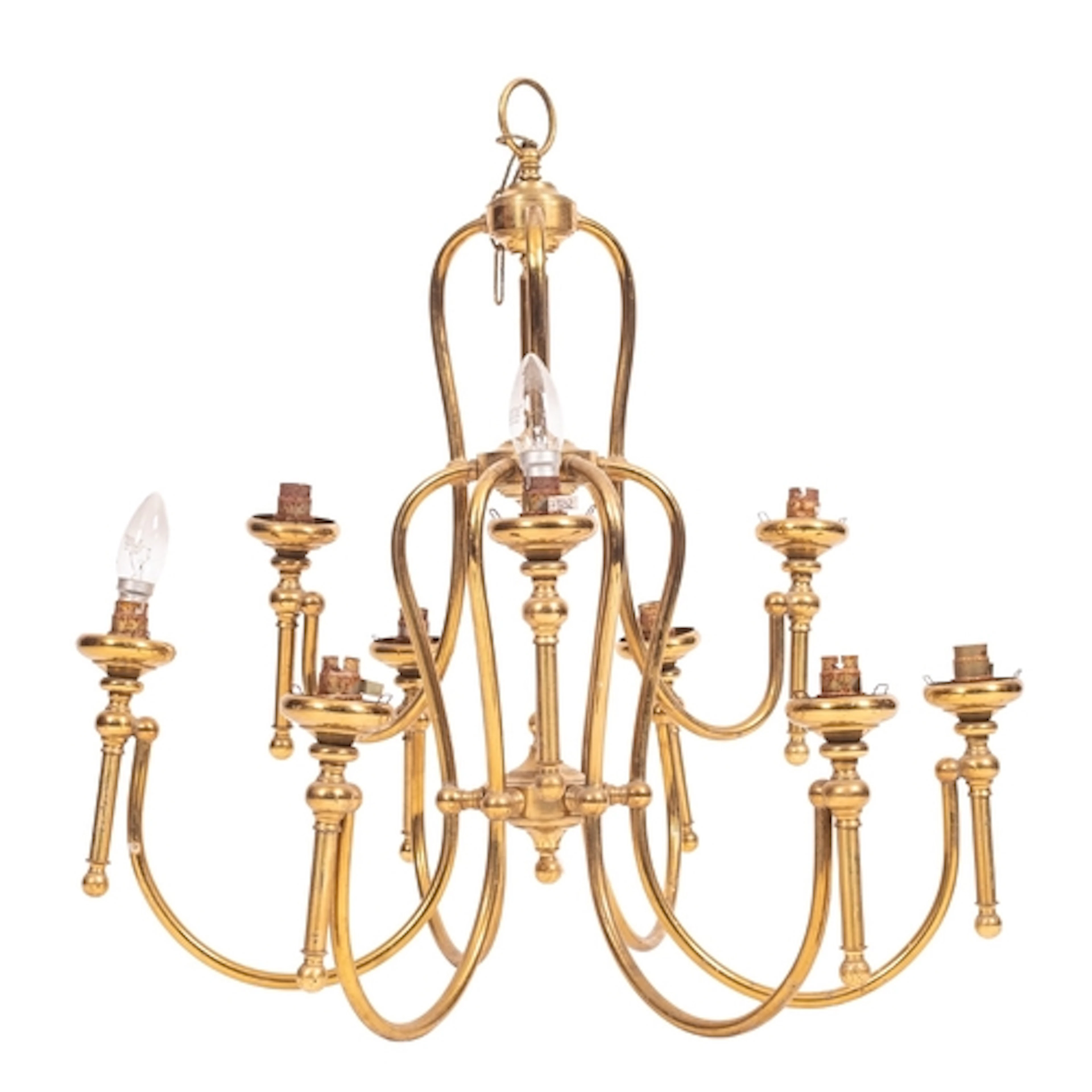 A brass nine light chandelier, 20th century; with three scon...