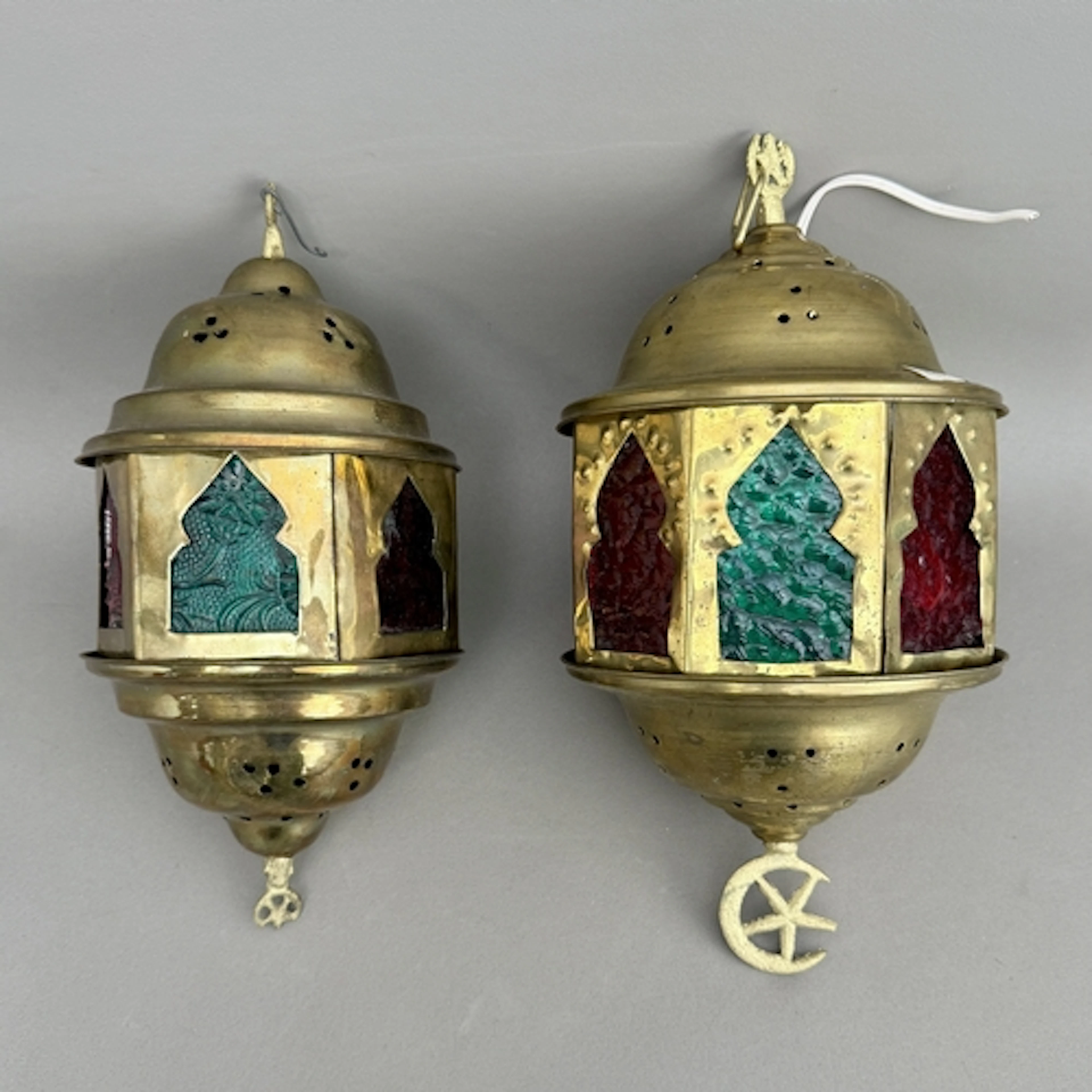 Two brass Moroccan hanging lanterns - with decorative cresce...