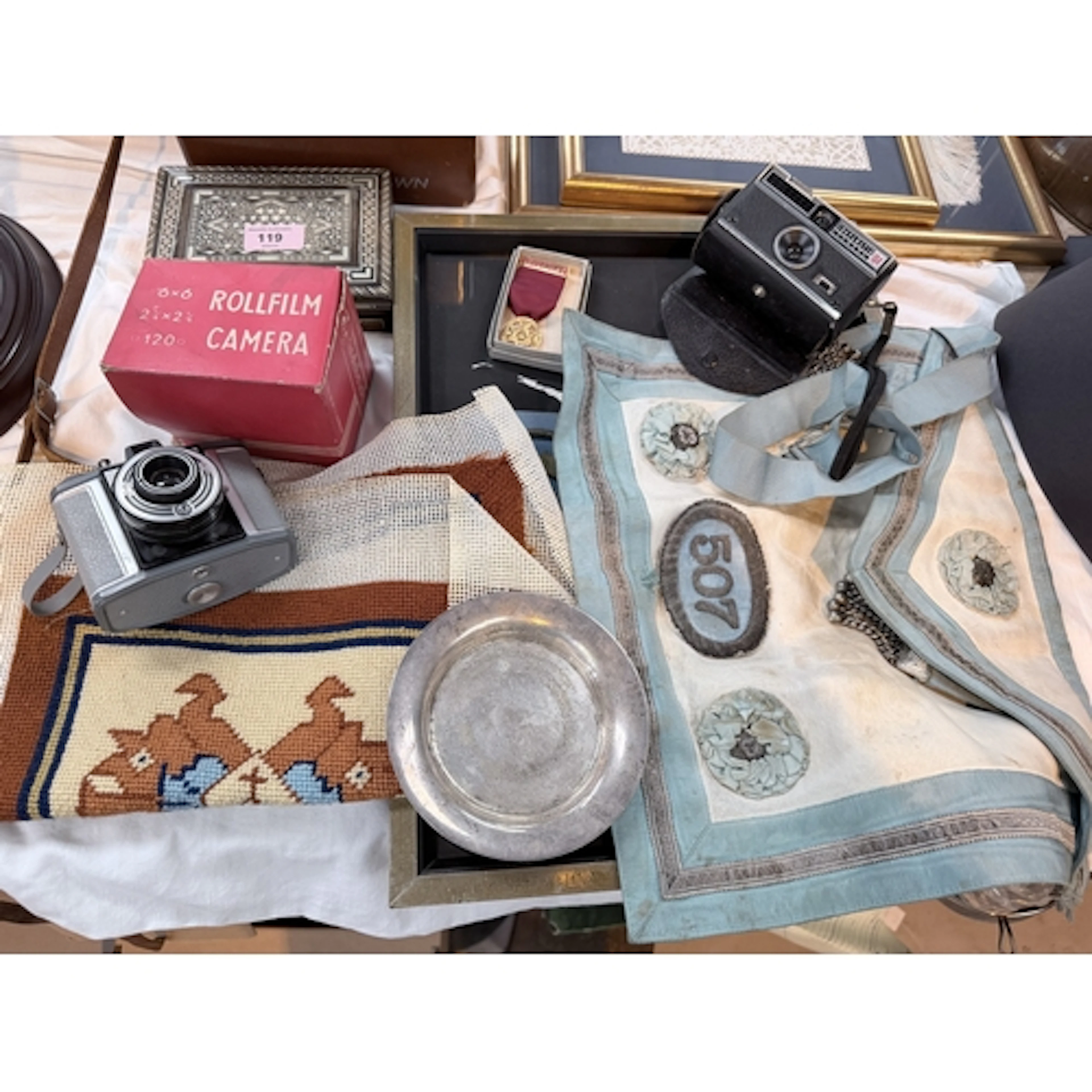 A Masonic apron, an inlaid box, a silver plated dish, 2 vint...
