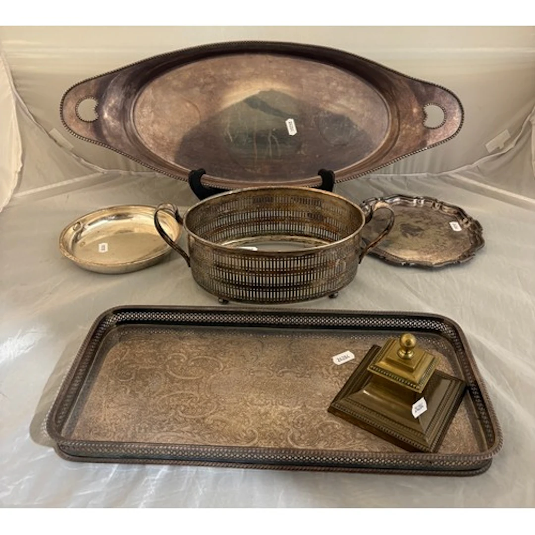 A qty of silver plated trays, brass ink well etc AF