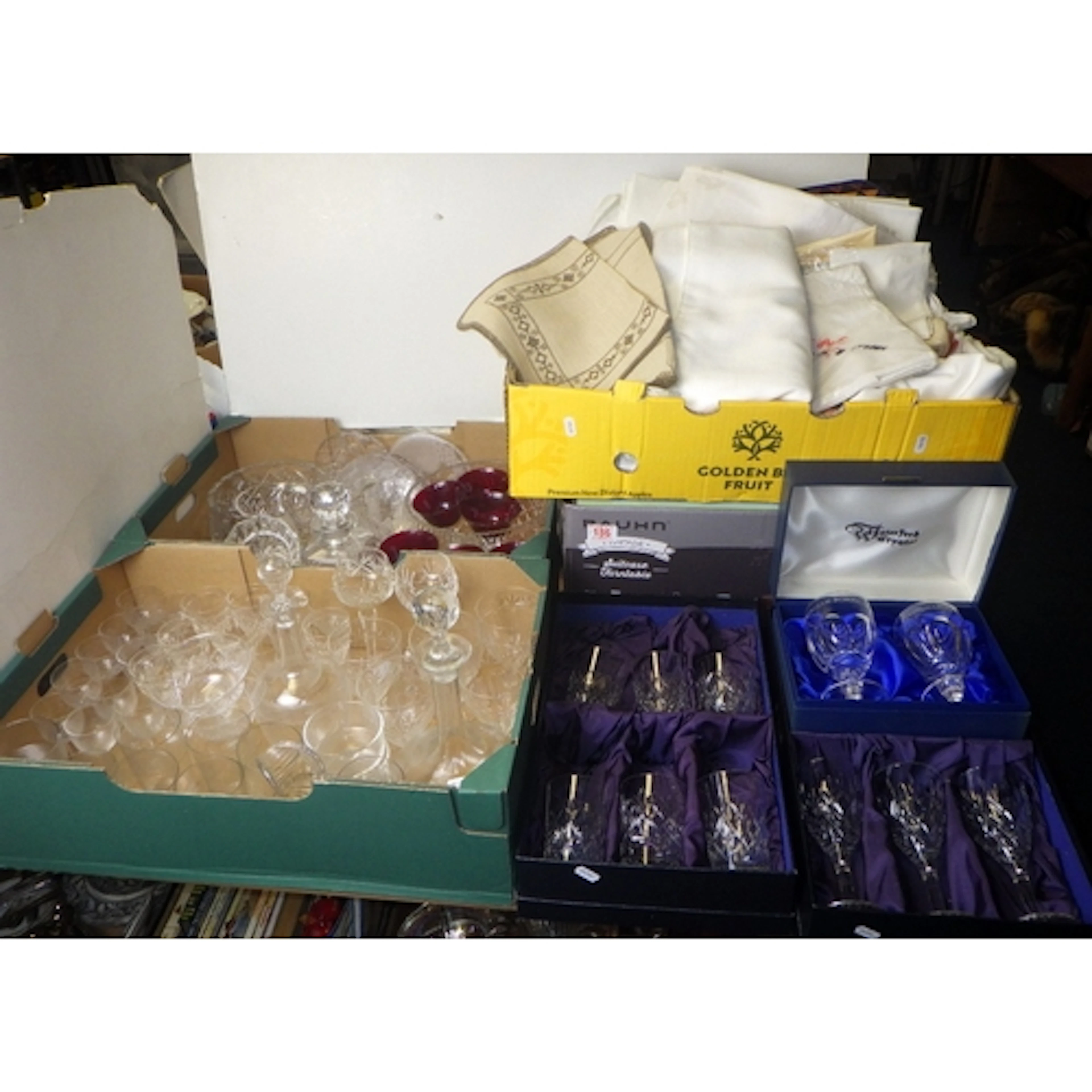 A large qty of various glassware, linen and books (qty)