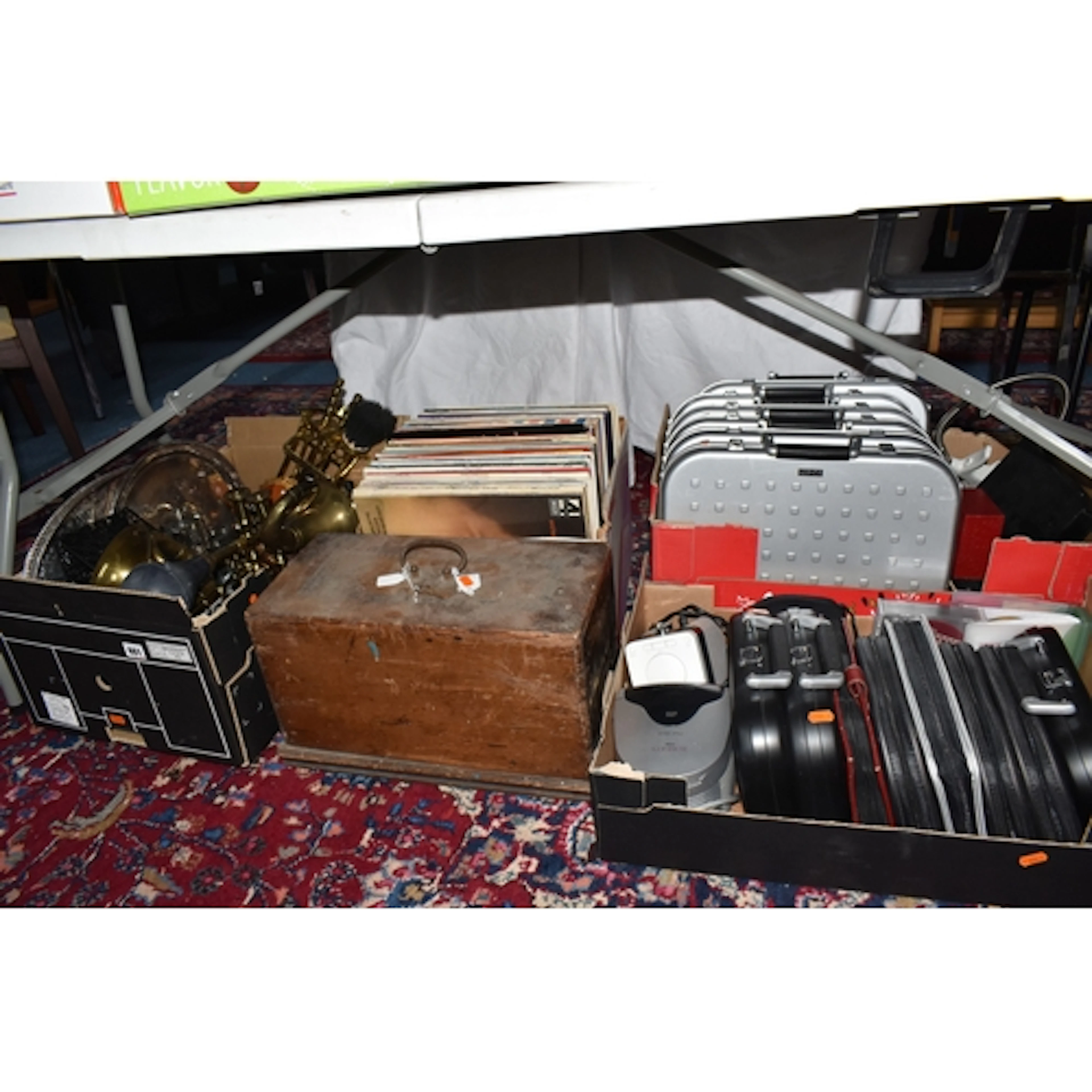 FOUR BOXES AND LOOSE METALWARE AND MUSIC RELATED ITEMS, to i...