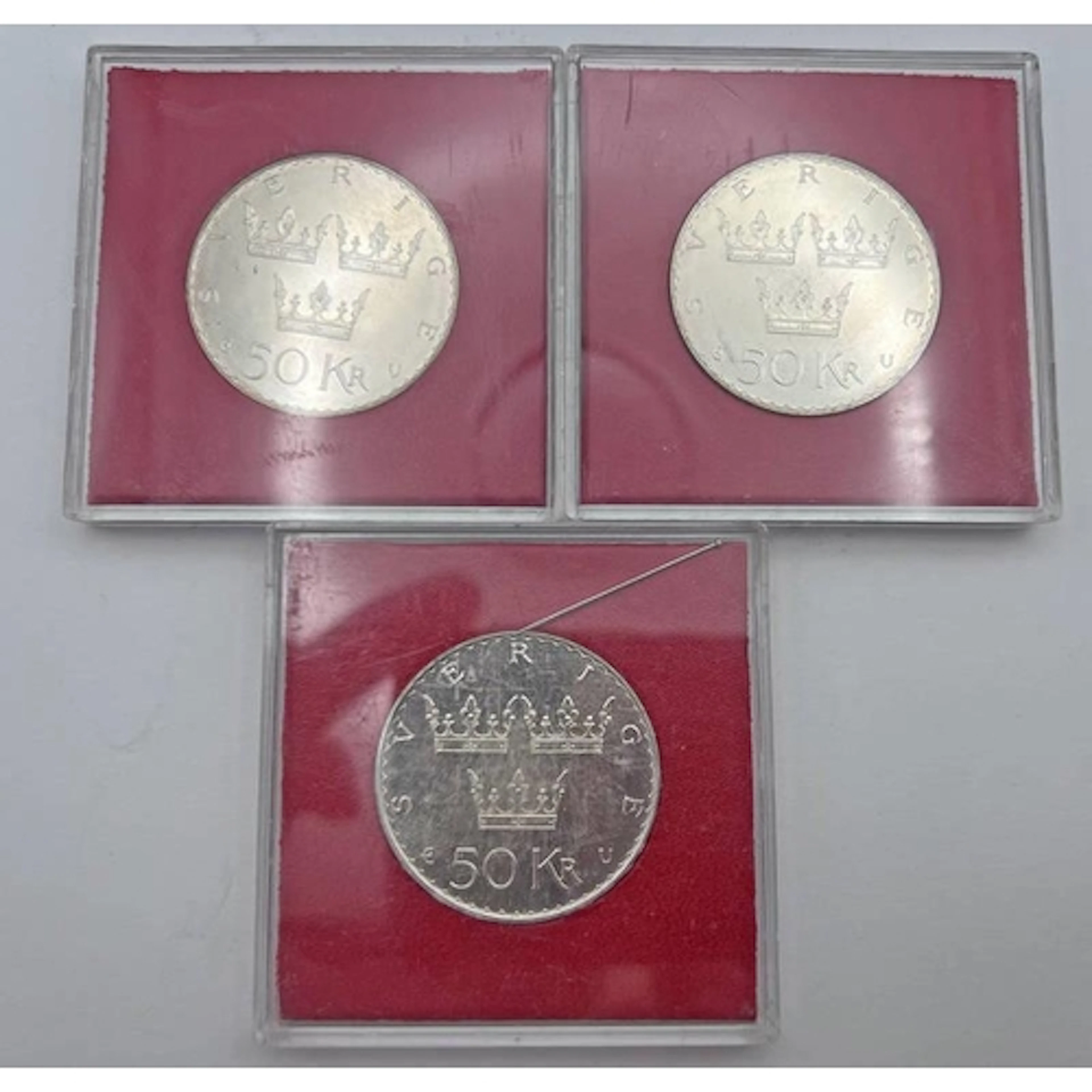 3 X 1975 SWEDISH 50 KRONOR SILVER COINS, ALL ENCAPSULATED