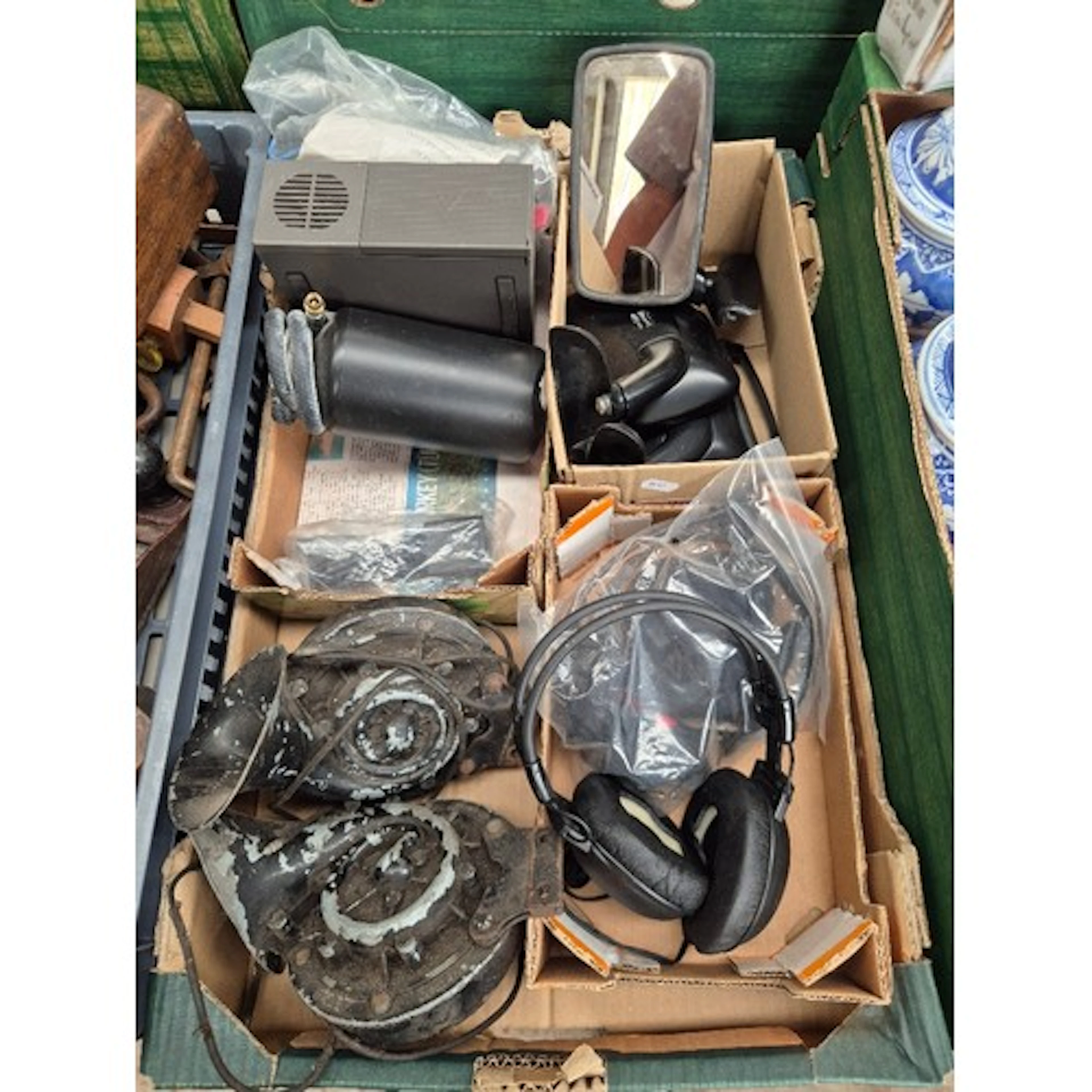 A box of vintage motor parts to include Paddy Hopkirk wing m...