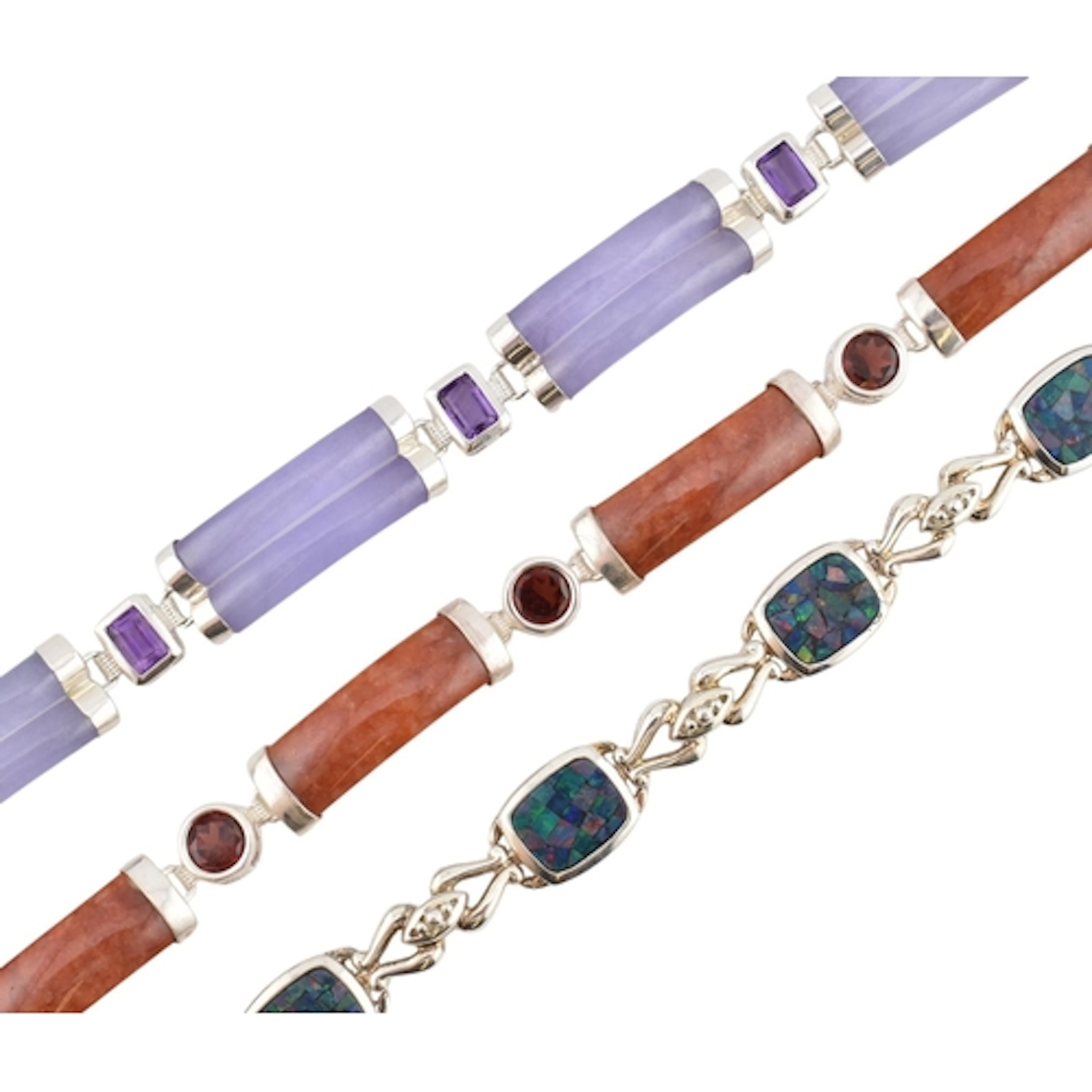 Three silver, amethyst, jade, opal and cubic zirconia bracel...