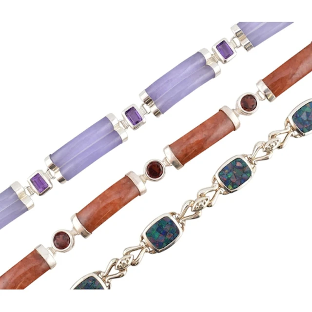 Three silver, amethyst, jade, opal and cubic zirconia bracel...