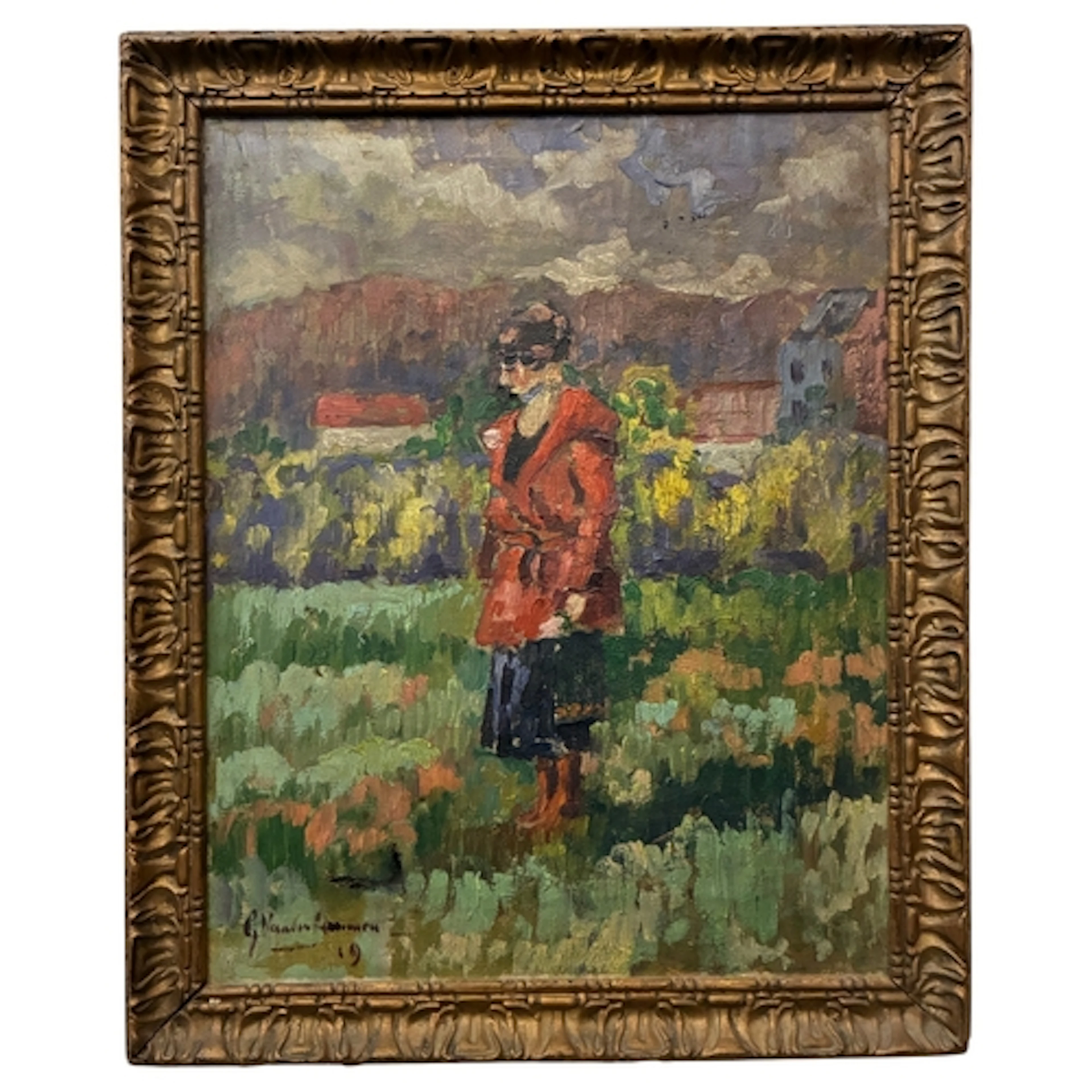 Post-Impressionist School - Lady standing in a field, wearin...