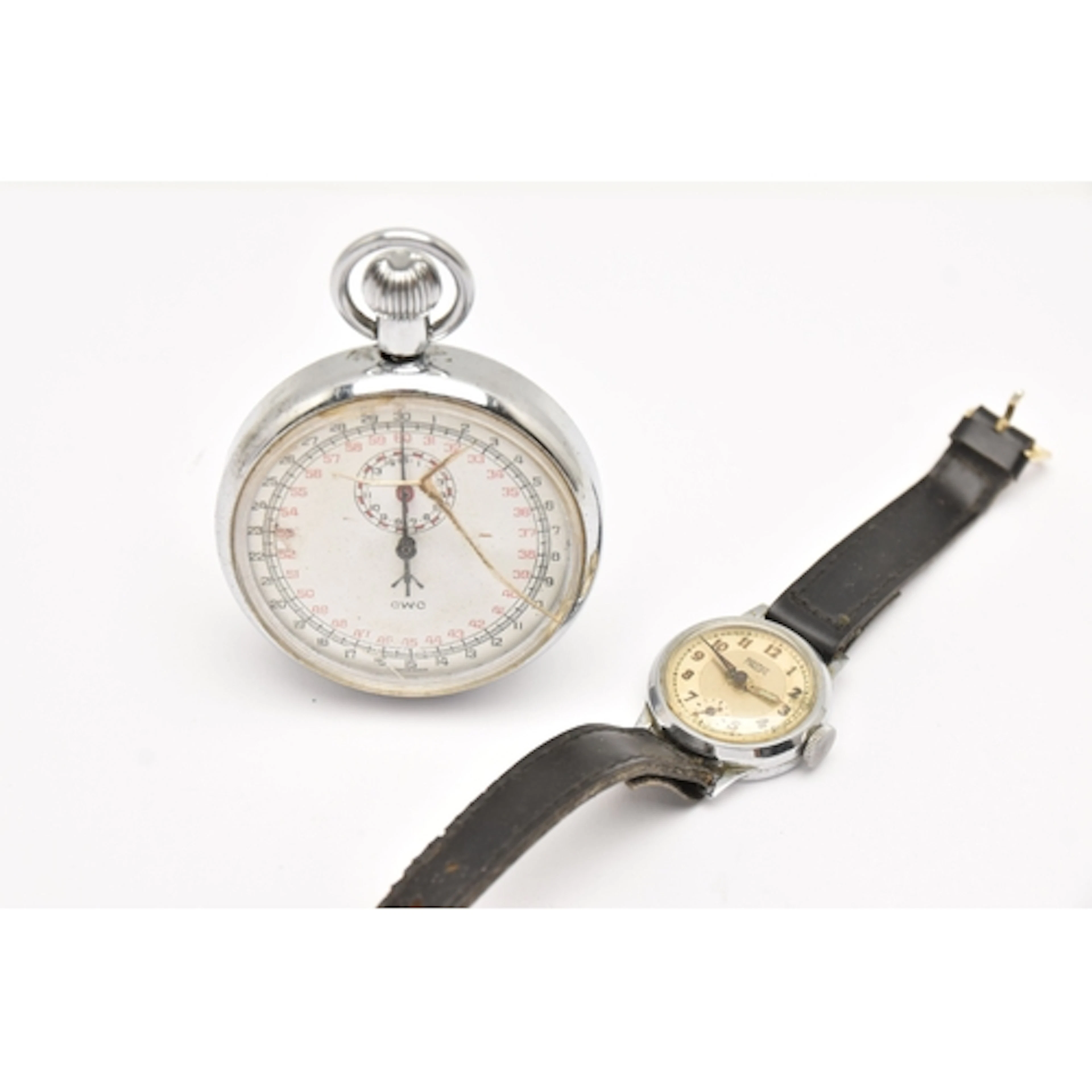 A MILITARY ISSUE STOP WATCH AND A WRISTWATCH, base metal, ma...