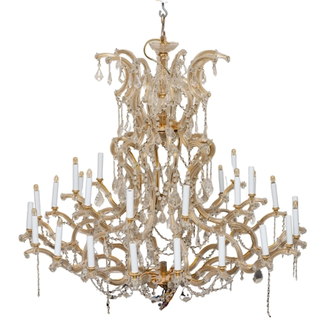 A substantial gilt metal and moulded glass thirty light chan...