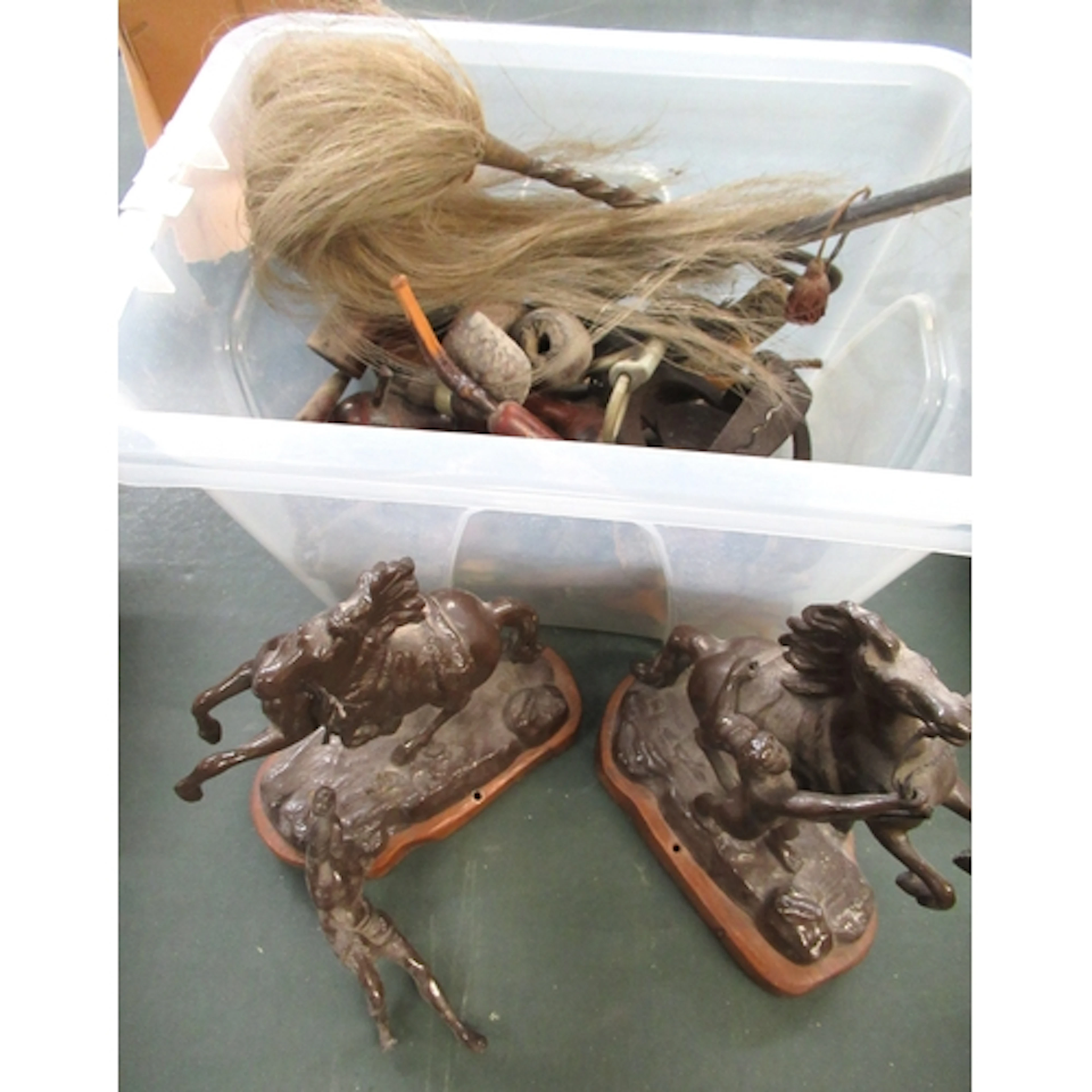Quantity of various pipes, pair of spelter Marli horse group...
