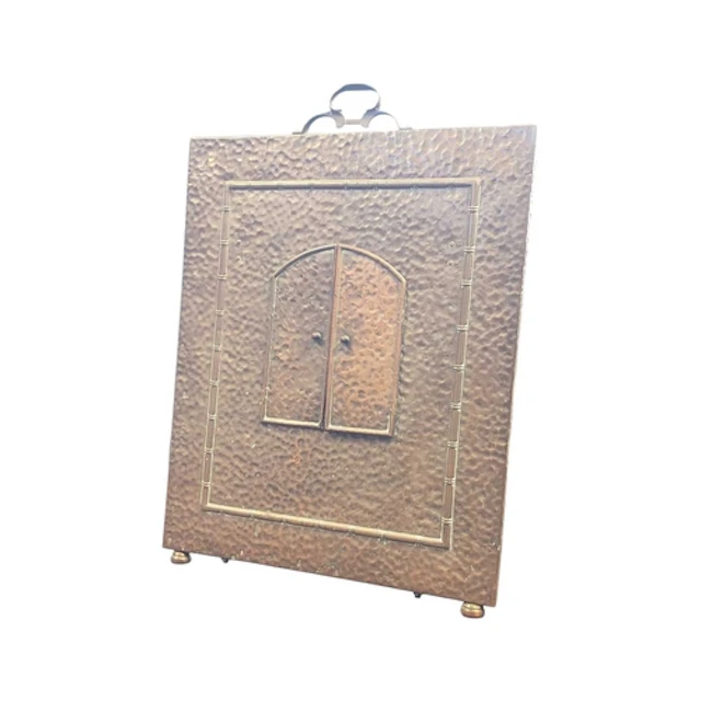 Arts & Crafts style copper fire screen. With two inset h...