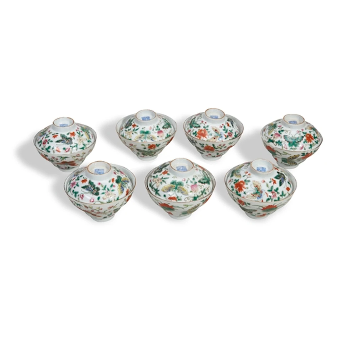 A SET OF SEVEN FAMILLE ROSE BIWLS AND COVERS QING DYNASTY, 1...