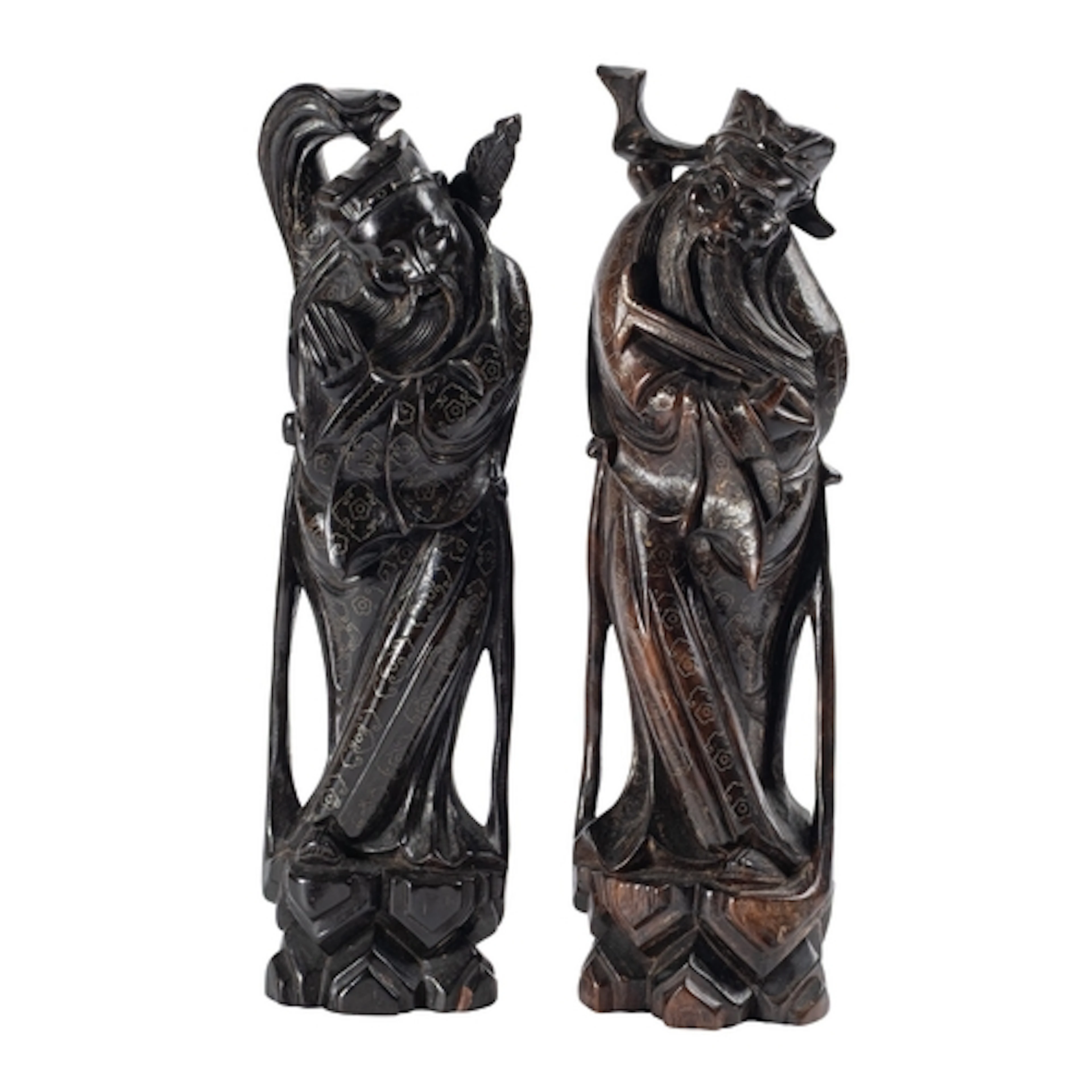 A pair of Chinese wire-inlaid carved hardwood figures of Imm...