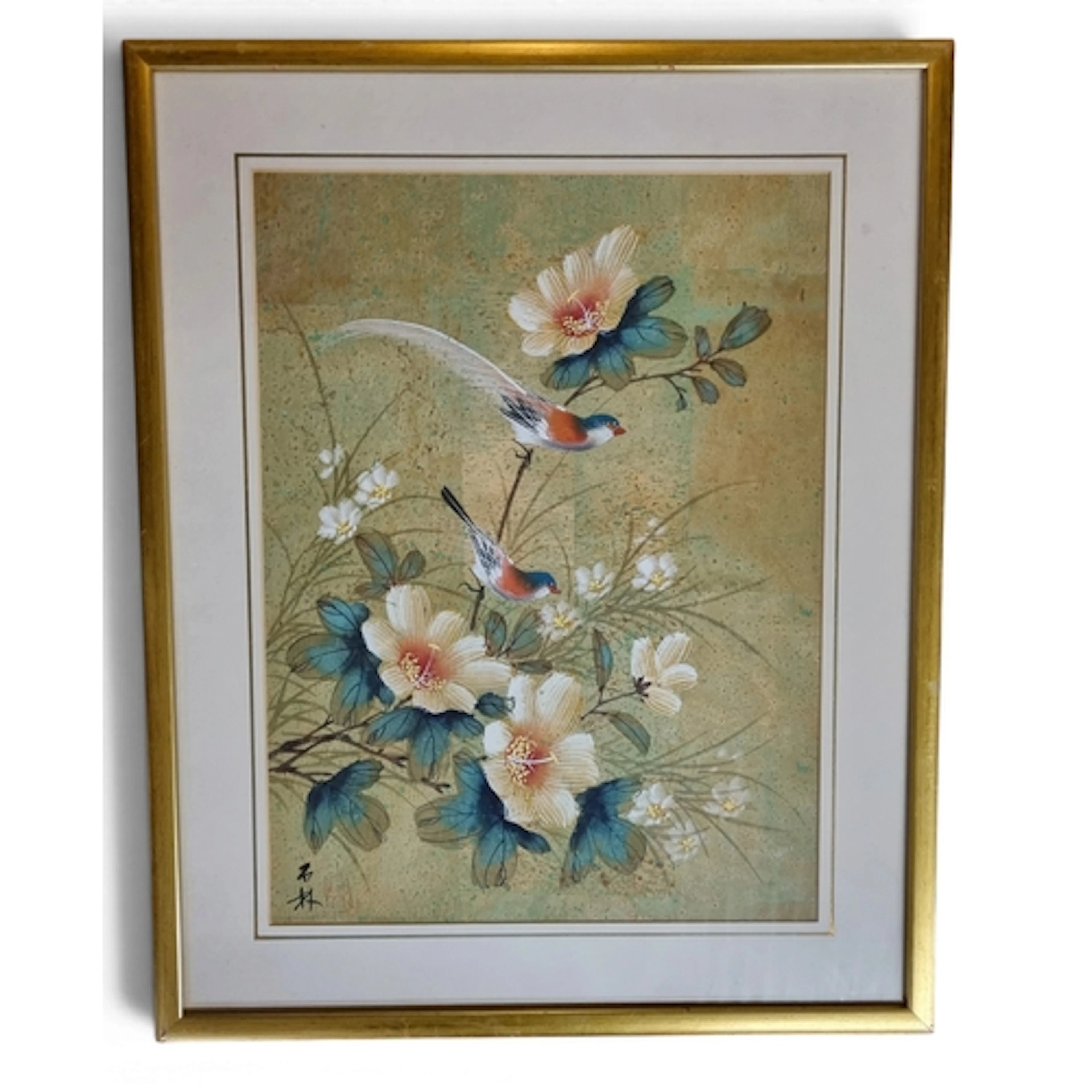 A 20th Century Oriental coloured Print of Birds on a branch ...