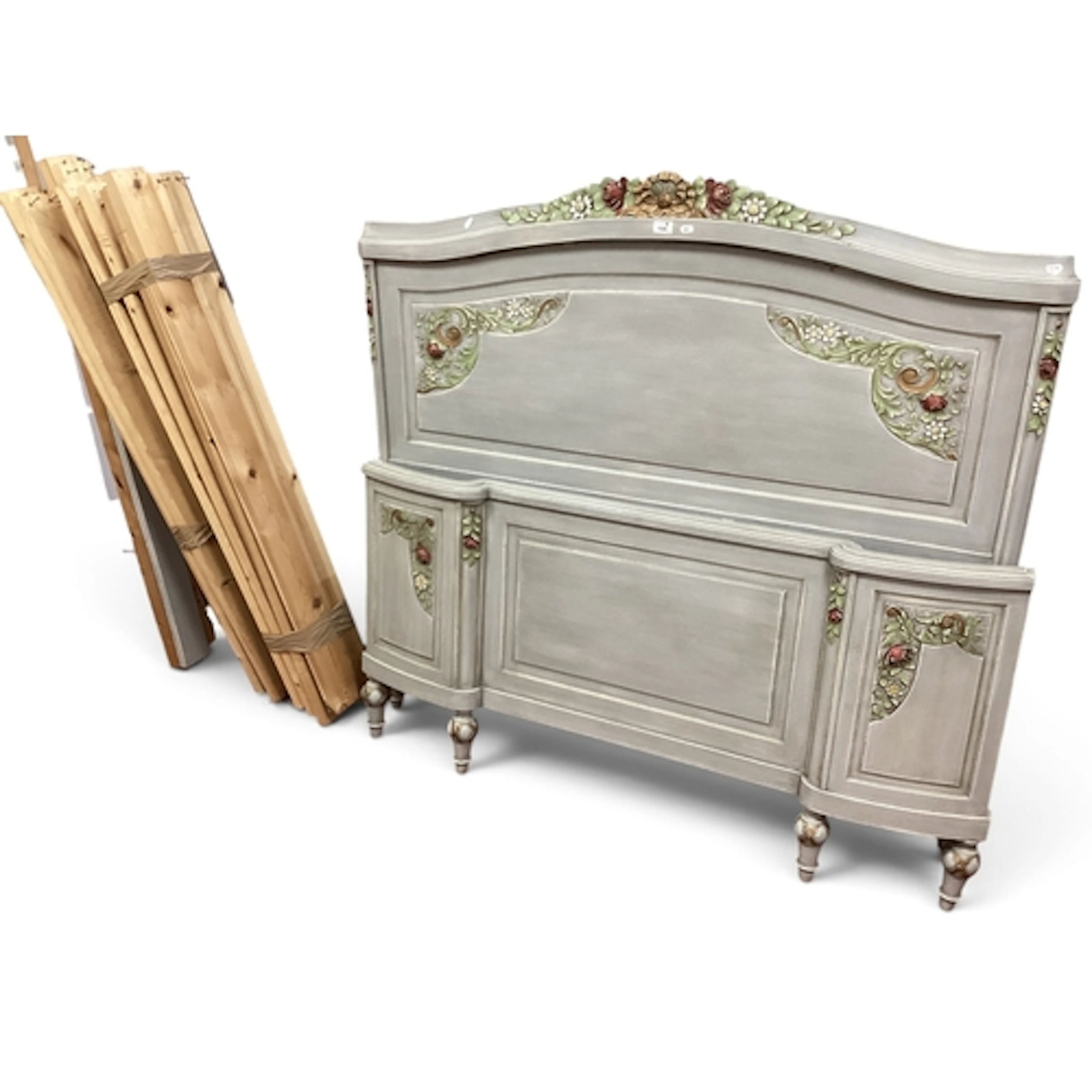 Grey Painted Bed, head and foot board with painted floral de...