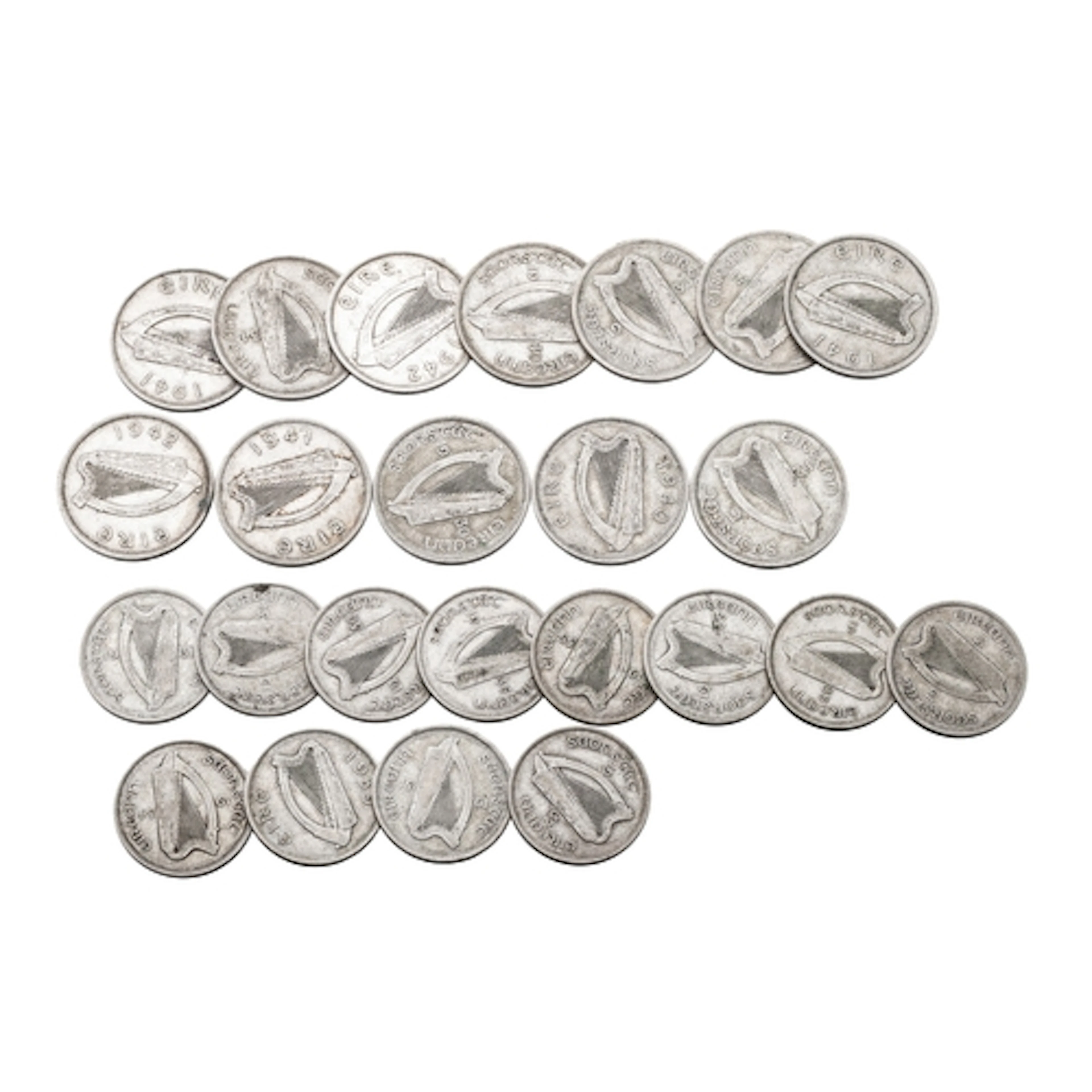 12 X IRISH 75% SILVER HALF CROWNS, plus 12 x Florins, all 19...