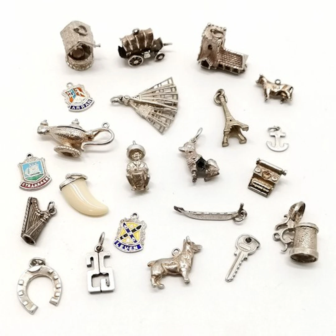 Qty of silver charms inc dogs, tankard, 'I love you' fan, Ir...