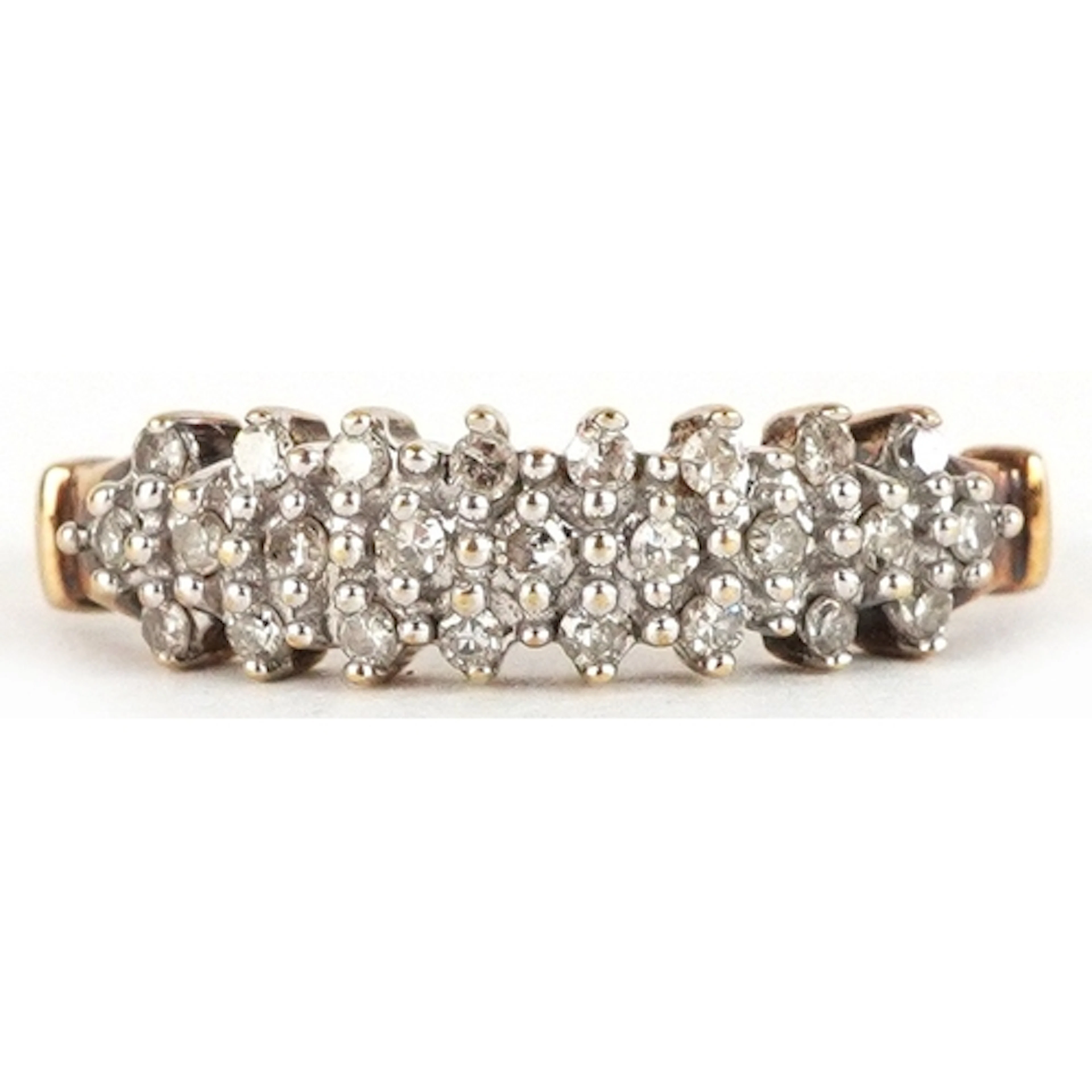 9ct gold diamond three row half eternity ring, size O, 2.0g.