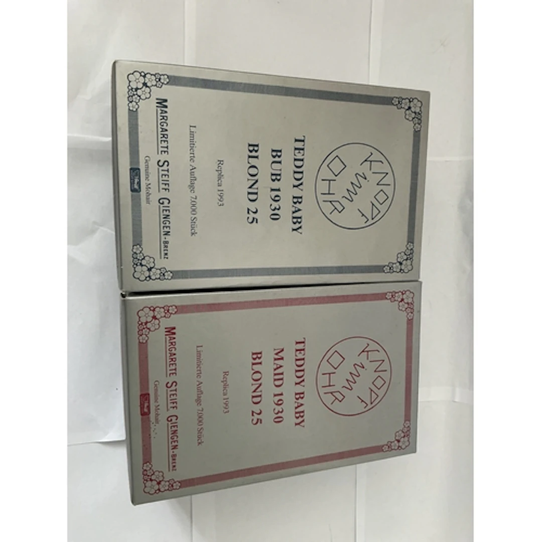 Two 1930 Boxed Teddy Baby Blond 25 Steiff Bears. One Maid, O...